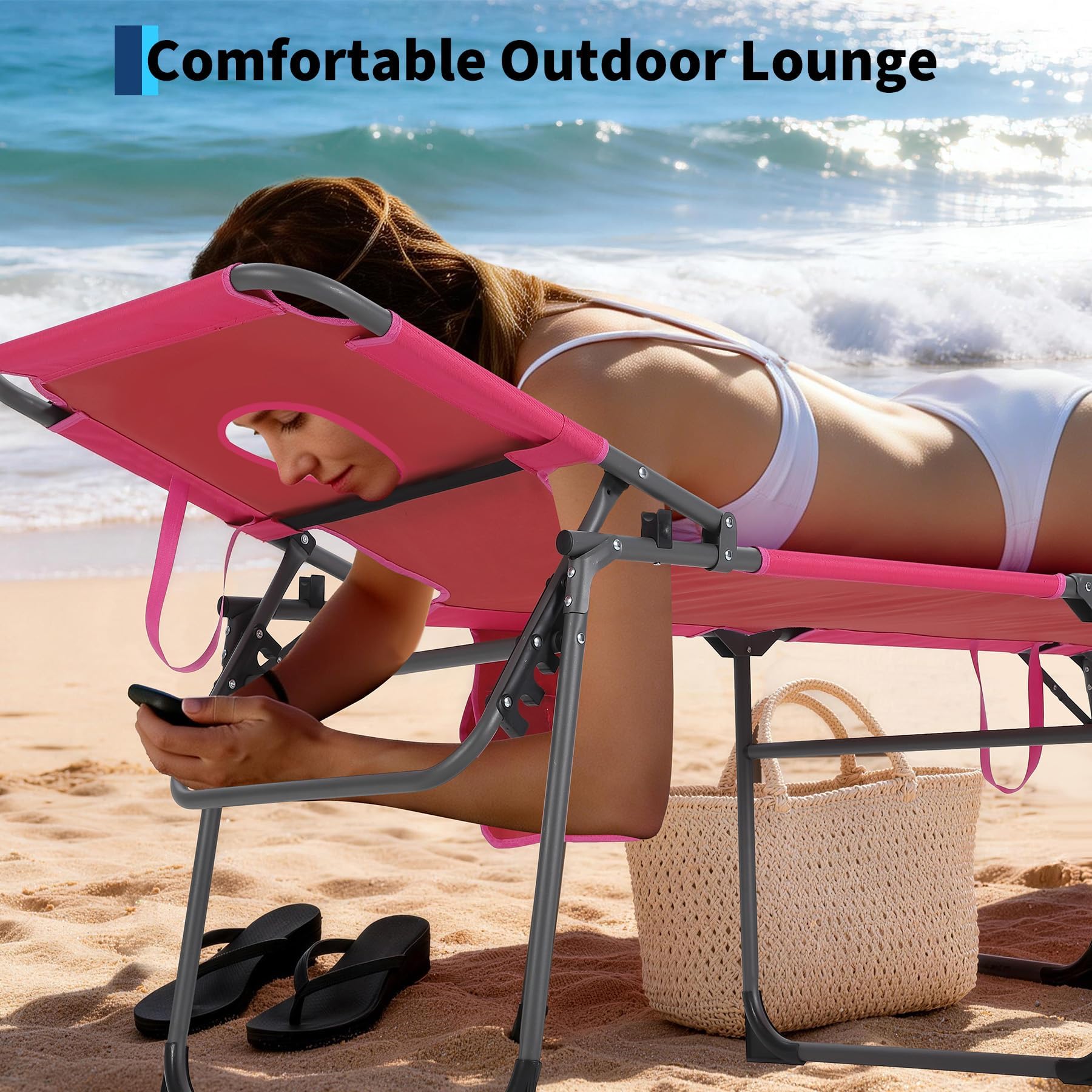 Garvee Bain de Soleil Transat de Plage Pliable Appuie-Tête, 5 Positions