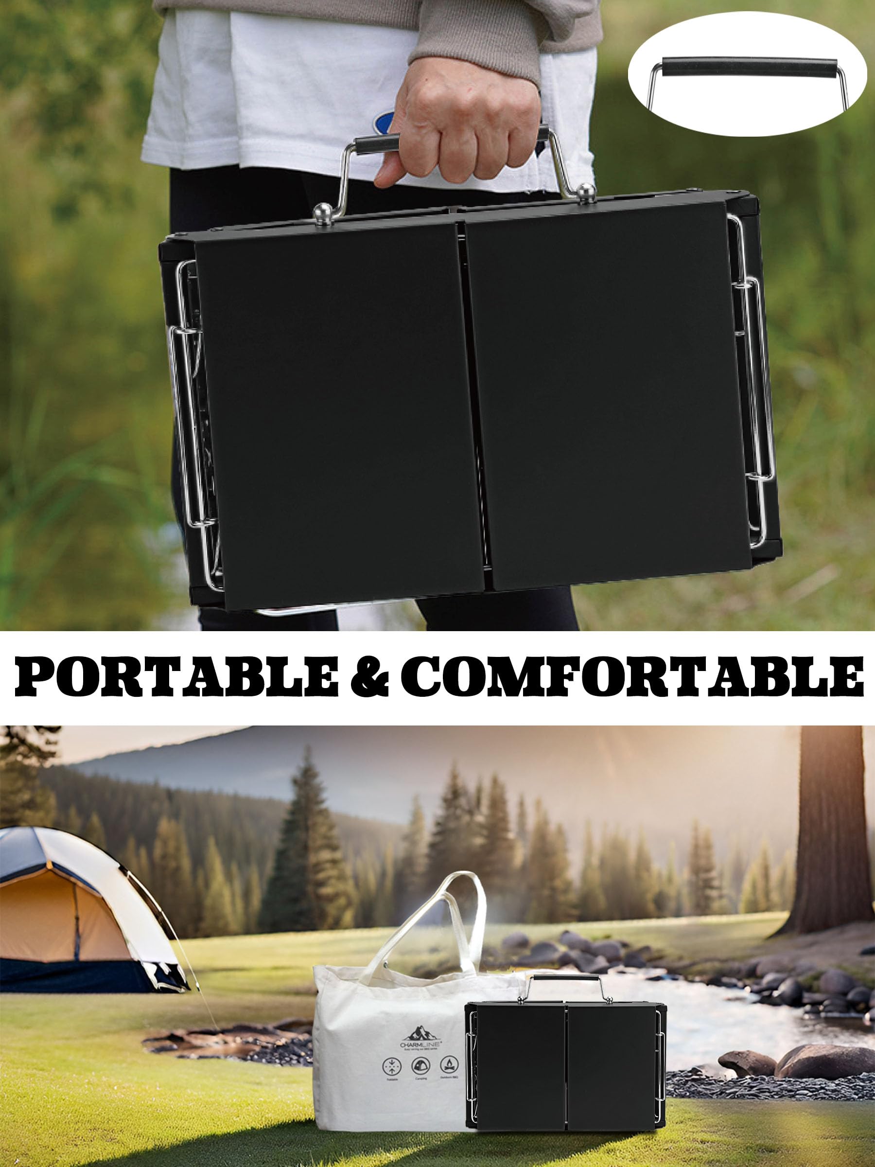 Charmline 35x23cm Foldable Portable Holzkohlegrill, Kleiner Campinggrill Holzkohle, Picknickgrill Grill, BBQ Grill für Outdoor, Geeignet für Gärten, Strände, Rasenflächen und Tischplatten, Schwarz