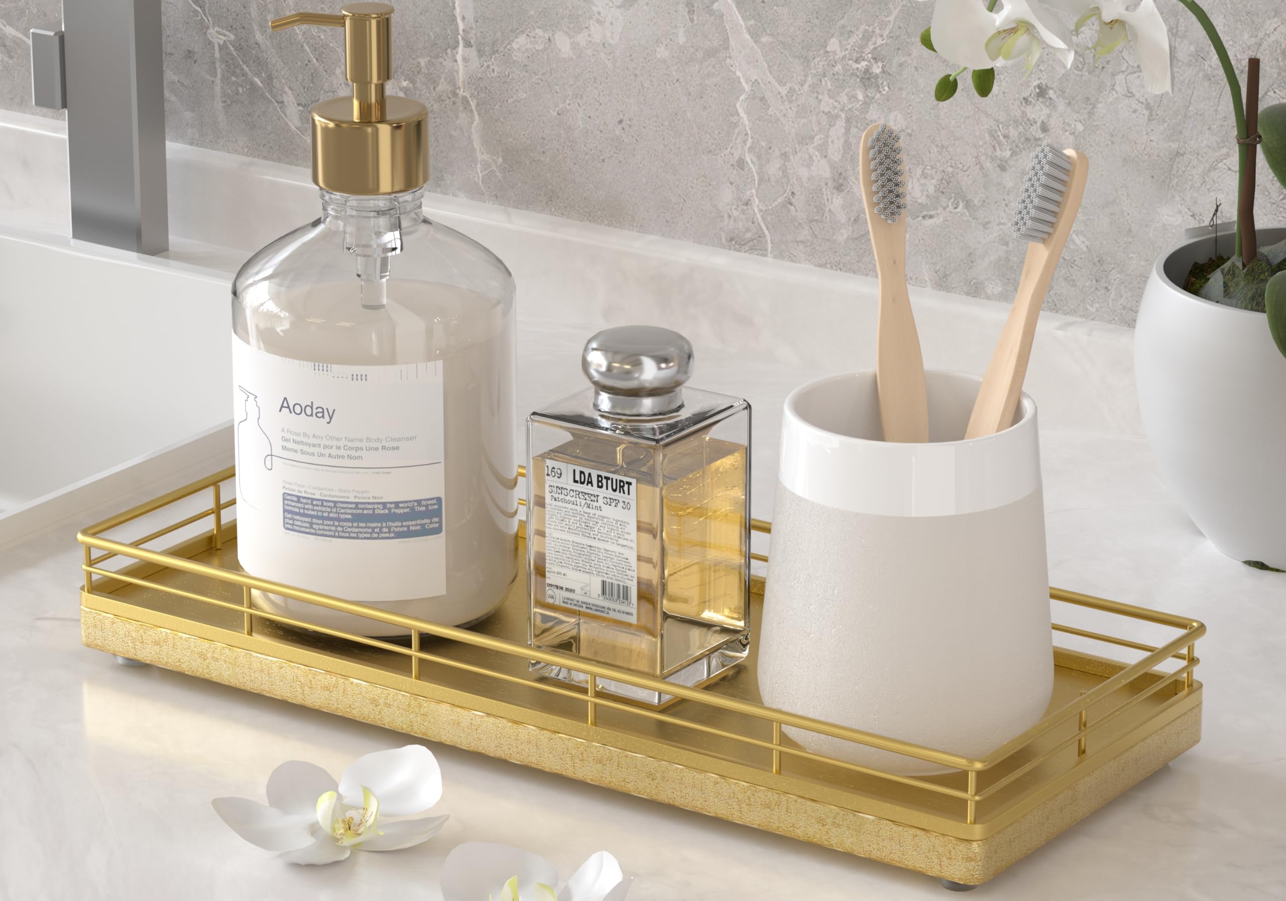 Bathroom Tray for Counter, Oak Wooden 11.2" L Decorative Vanity Tray for Dresser Tops, Kitchen Countertop Organizer, Gold Brushing