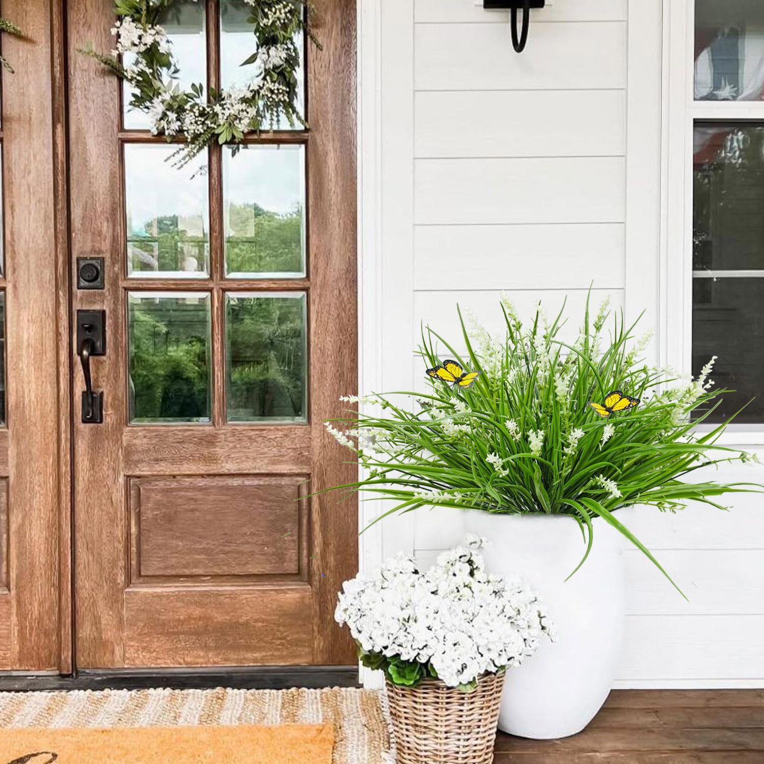 16 Bundles Artificial Outdoor Plants and 2 Pcs Butterfly Stakes Fake Monkey Grass with Flowers UV Resistant Faux Plant Greenery for Outside Planter Porch Patio Garden Window (White)