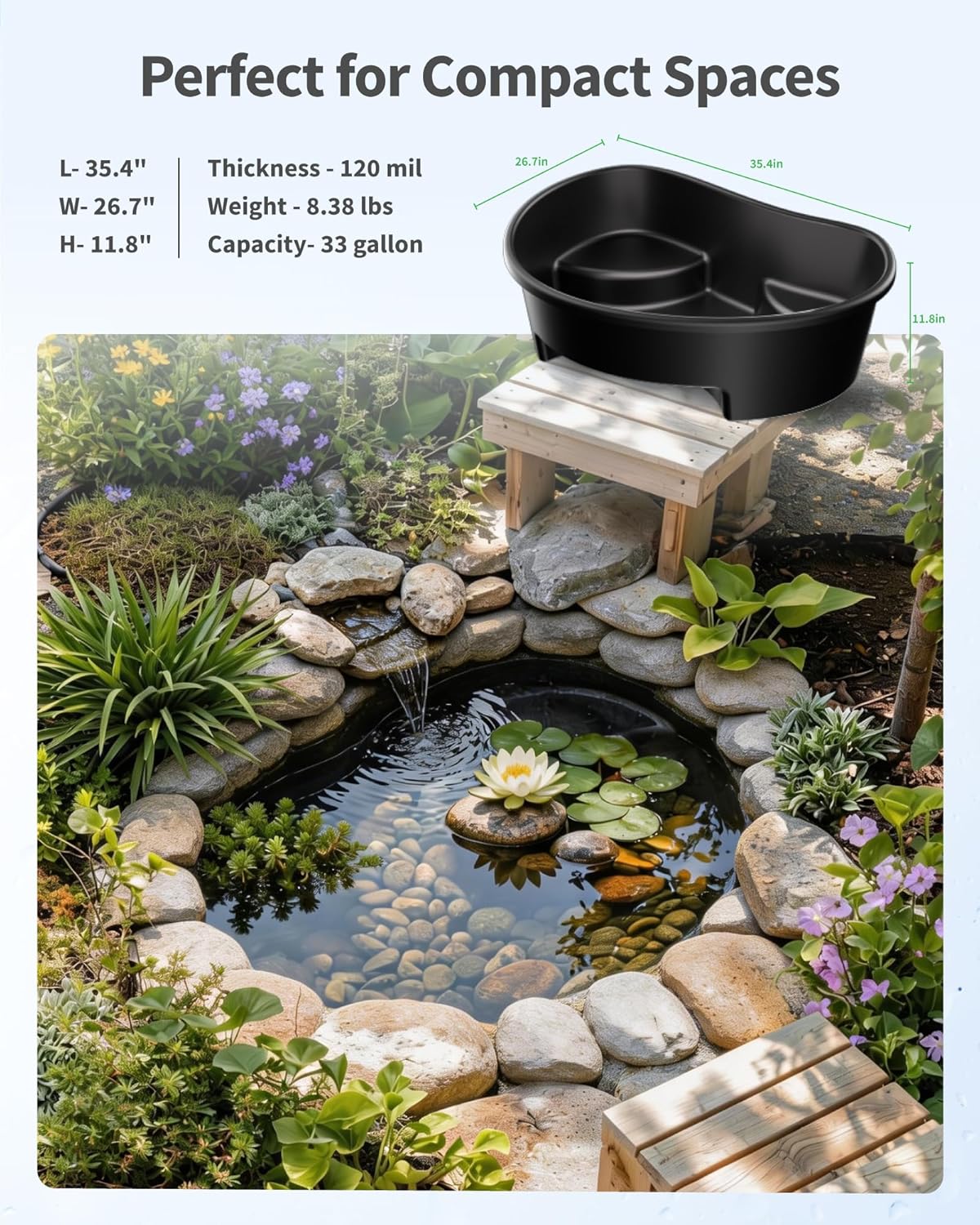 POPOSOAP Preformed Pond Liner, 33 Gallon Rigid Plastic Pond Tub Heavy Duty U-V Resistant Basin with Integrated Plant Shelves for Backyard, Garden and Patio Landscaping P797