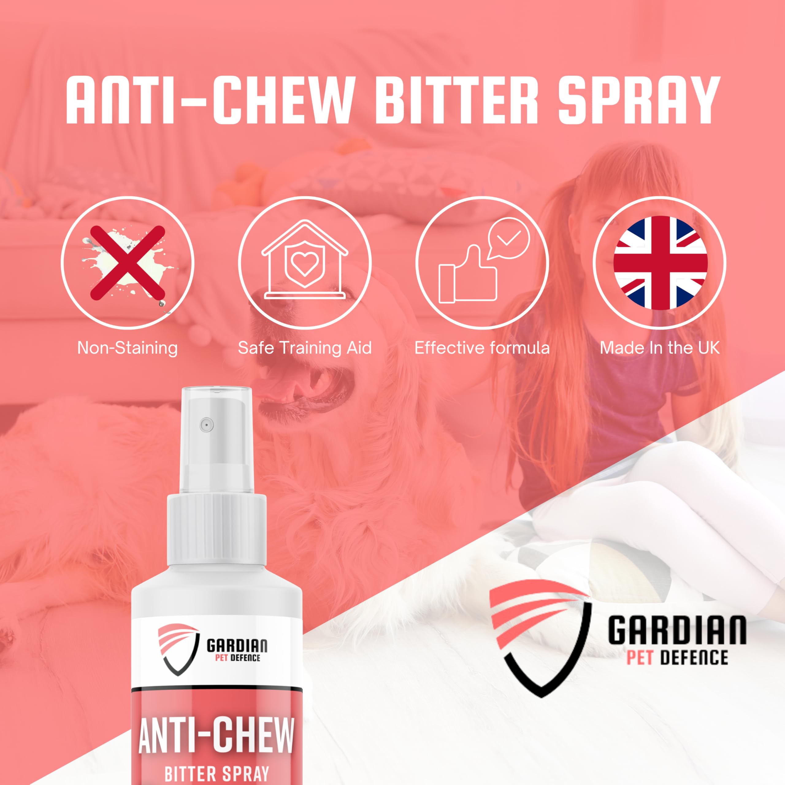 Gardian Spray anti masticazione per cani, formula amara, deterrente e repellente per cani, blocca mobili, corde e zampe, aiuto per l'addestramento dei cuccioli, 250 ml