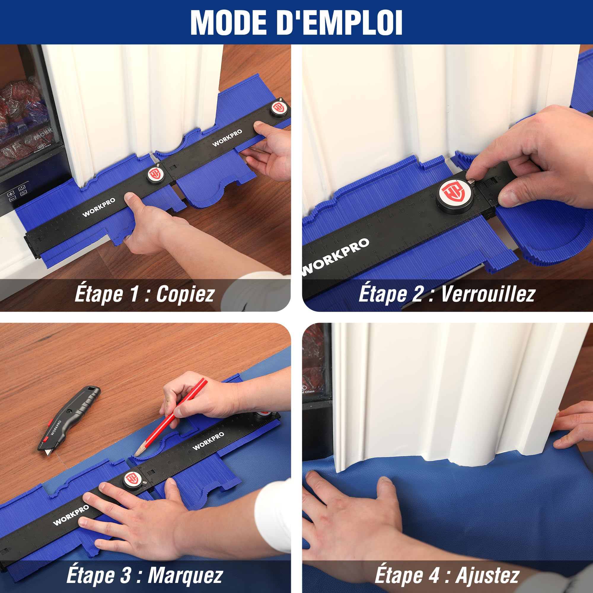 WORKPRO Jauge de Contour Connectable 25+25 cm, Duplicateur de Profil avec Verrouillage, Copie Précise des Formes Irrégulières, Outil de Traçage pour Menuiserie, Parquet, Moquette et Carrelage