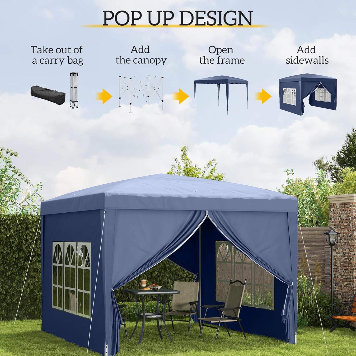 Diagram showing four steps for pop-up gazebo assembly: Take out of a carry bag, Add the canopy, Open the frame, Add sidewalls.