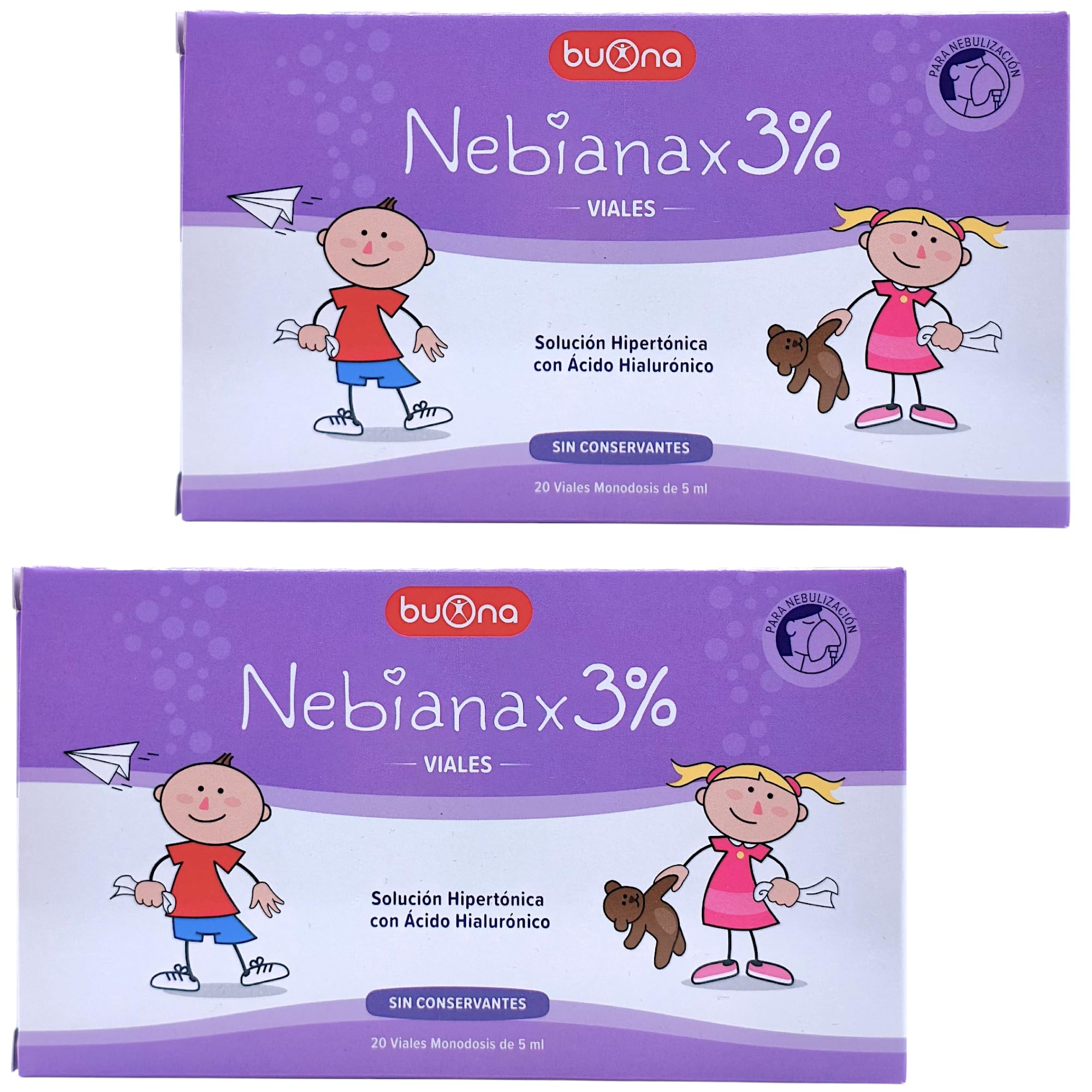 Buona Nebianax 3% Solución Salina Hipertónica con Ácido Hialurónico - Pack Ahorro 2 x 20 Viales de 5ml - Descongestivo Nasal para Bebés y Niños - Alivio Rápido de Mocos y Congestión - Nebial