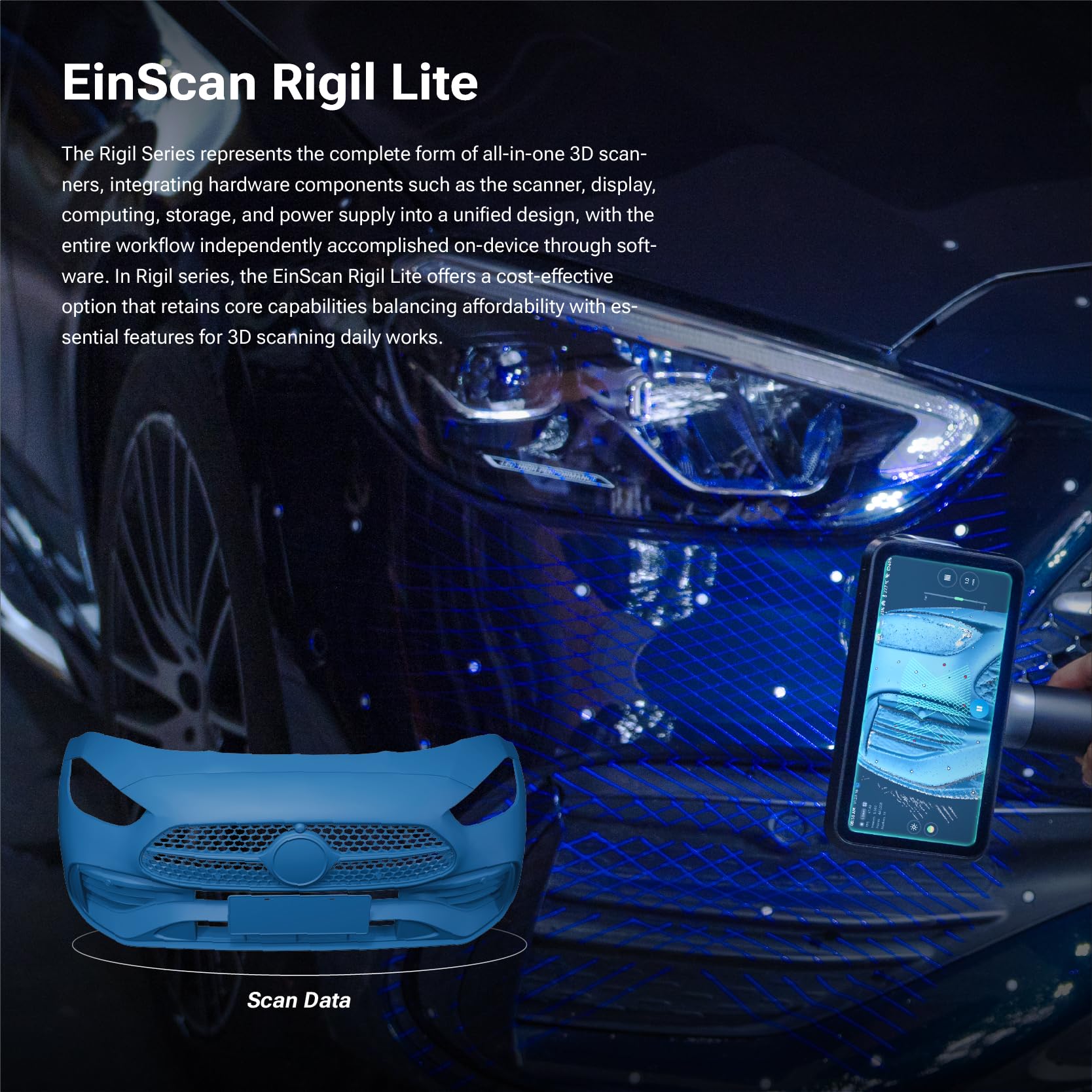 EinScan Rigil Lite 3D Scanner, 34+7 Blau-Laser & Infrarot Standalone Scanner mit 6,4" 2K AMOLED-Touchscreen, Kabellos & PC Modi für Automotive & Reverse Engineering, 24GB RAM+512GB SSD