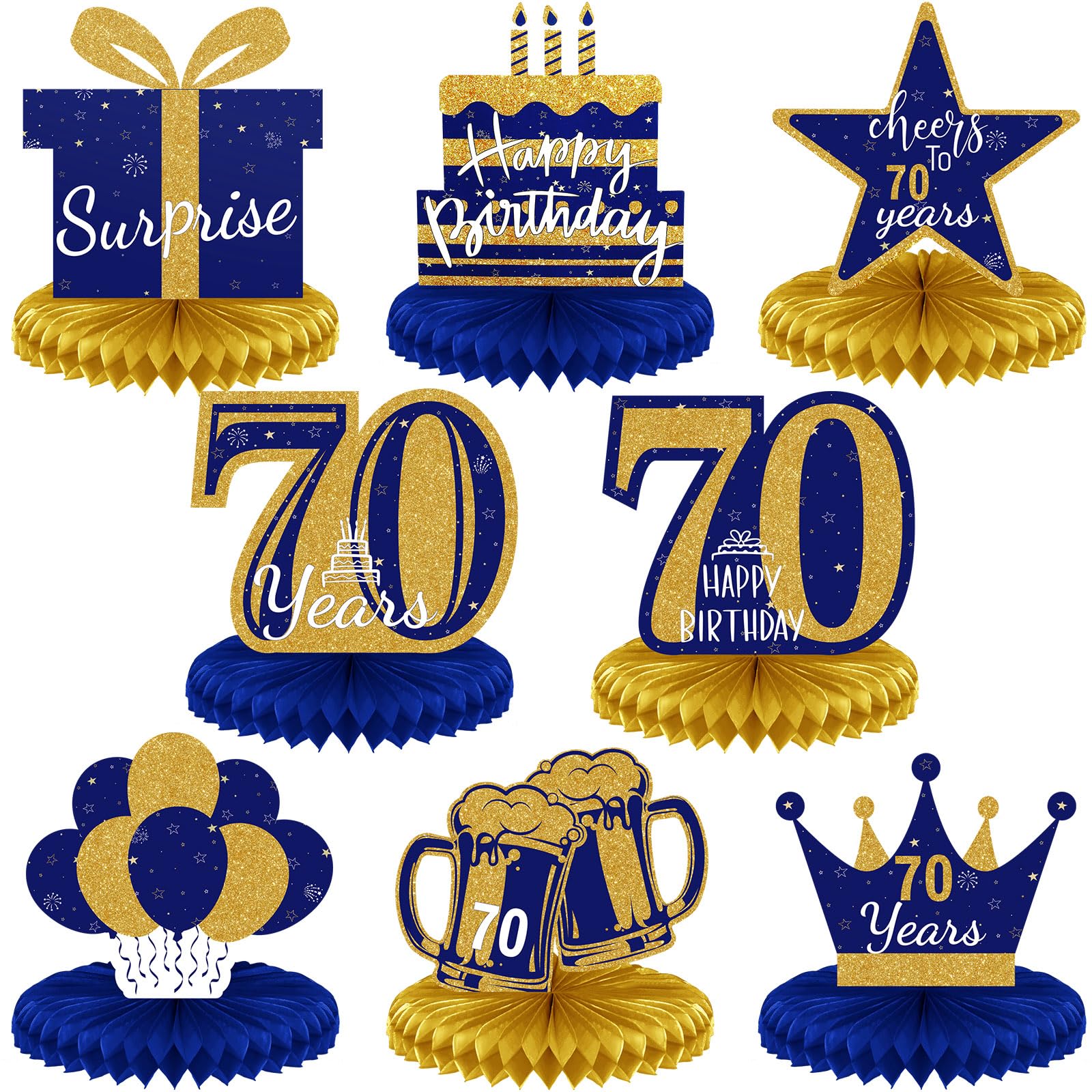 Spakon 8 Pieces 70th Birthday Centerpiece Table Decoration, Blue and Gold 70th Birthday Honeycomb Centerpieces for Men and Women Party Supplies