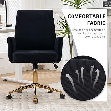 Stripes Velvet 360Swivel Desk Chair, Modern Height Adjustable Home Office Armchair with Gold Base and Wheels for Vanity, Comfy Computer Chair for Study Living Room Bedroom(Black)