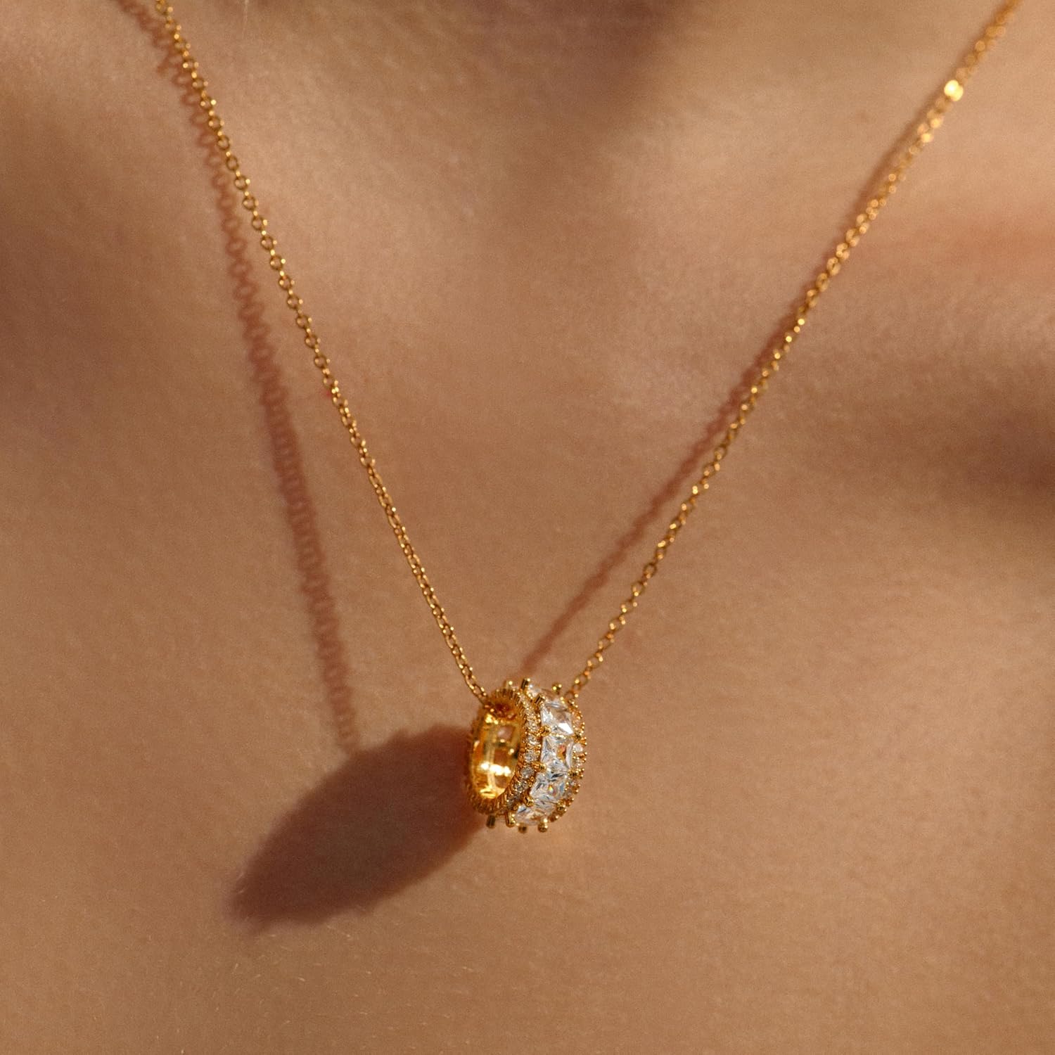 Gold CZ Rondelle Pendant Necklace for Women, 18K Gold Plated Dainty Round Ring Necklaces, Simple Sparkling Cubic Zirconia Rondelle Pendant Necklace for Women Jewelry Gift - Image 2