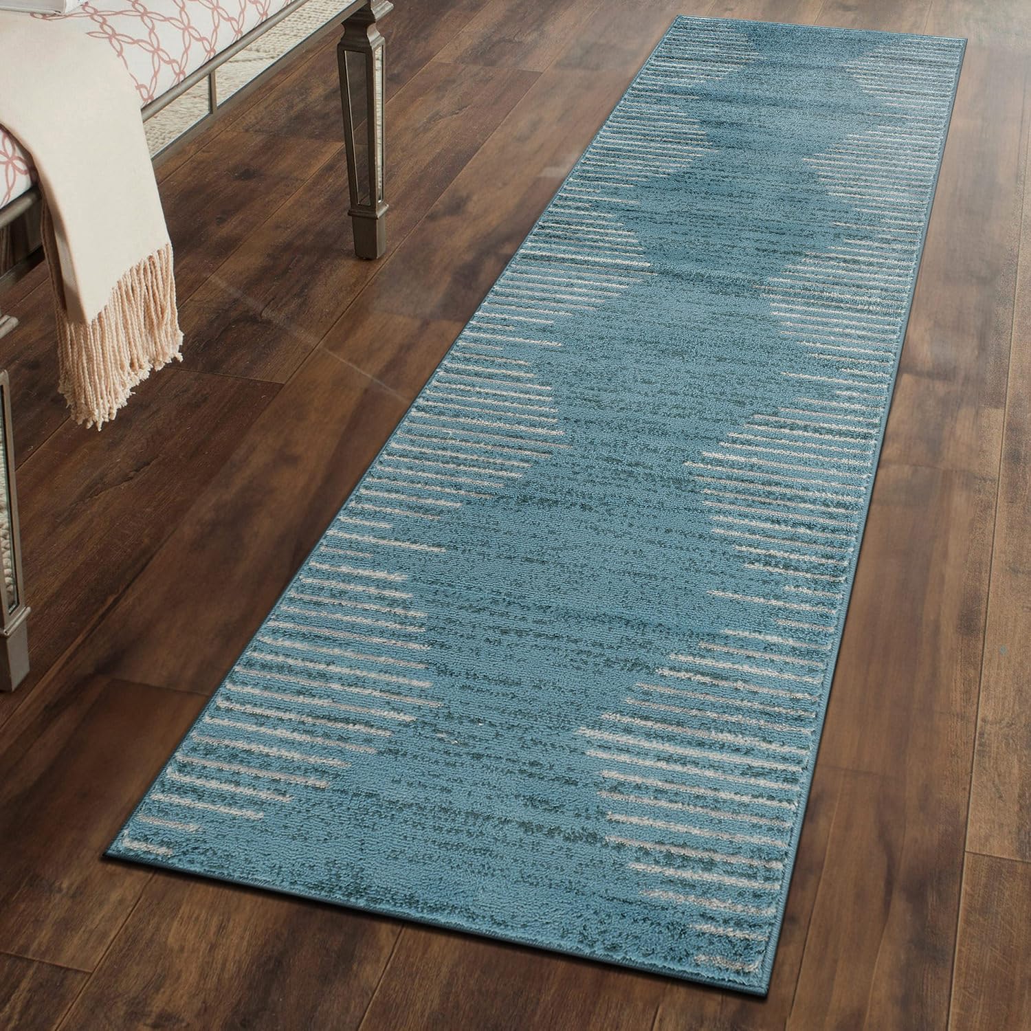 Blue Geometric Stripe Polypropylene Runner Rug with Jute Backing