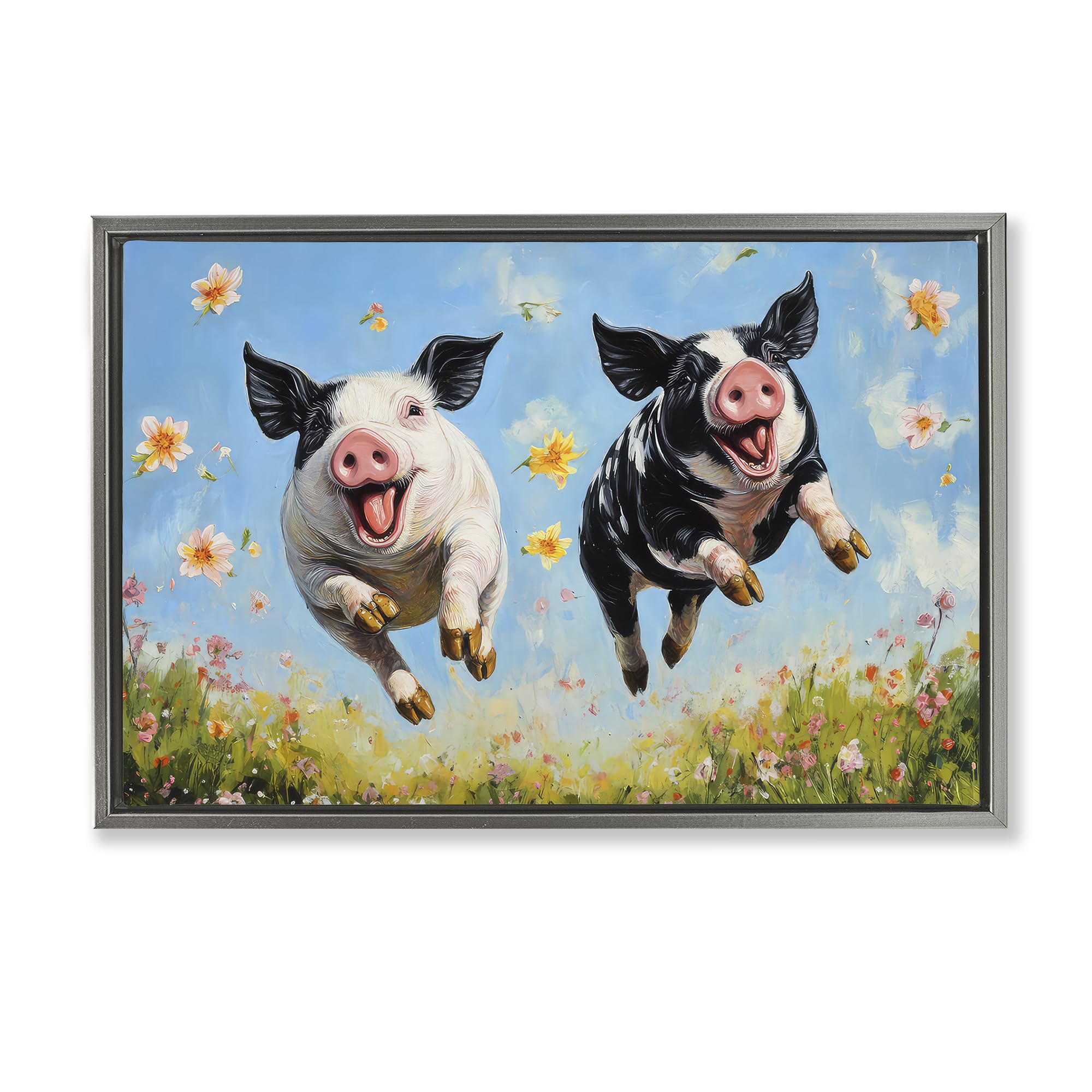 Stupell Industries Luster Gray (Matte) 'Flying Pigs & Flowers'| Floating Frame Canvas Art