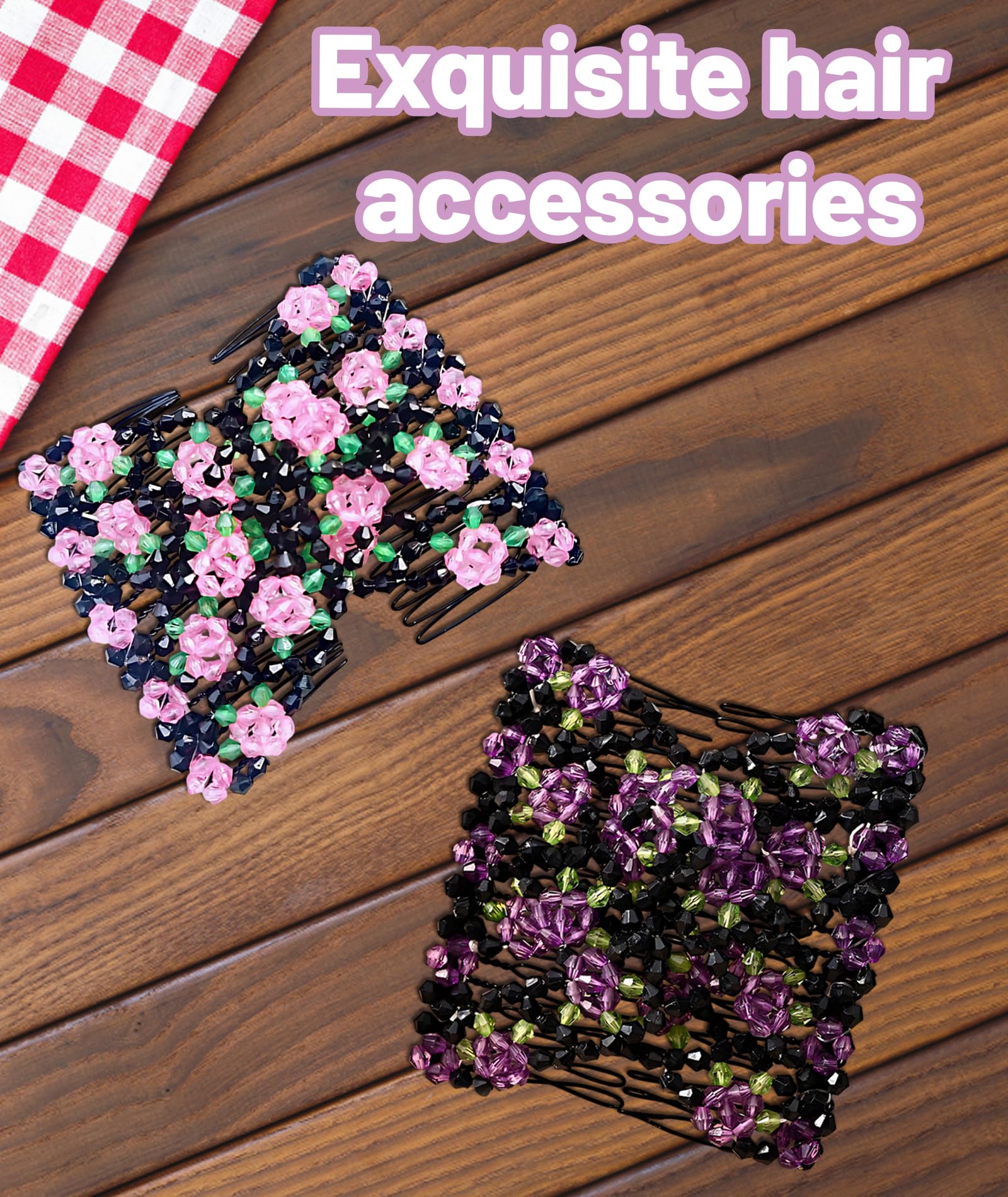 2PCS Magic Hair Comb Clip, Stretchy Double Row Hair Clips, Fixed Long Curly Thick Hair, Hair Styling Accessories for Women, Purple and Pink 2