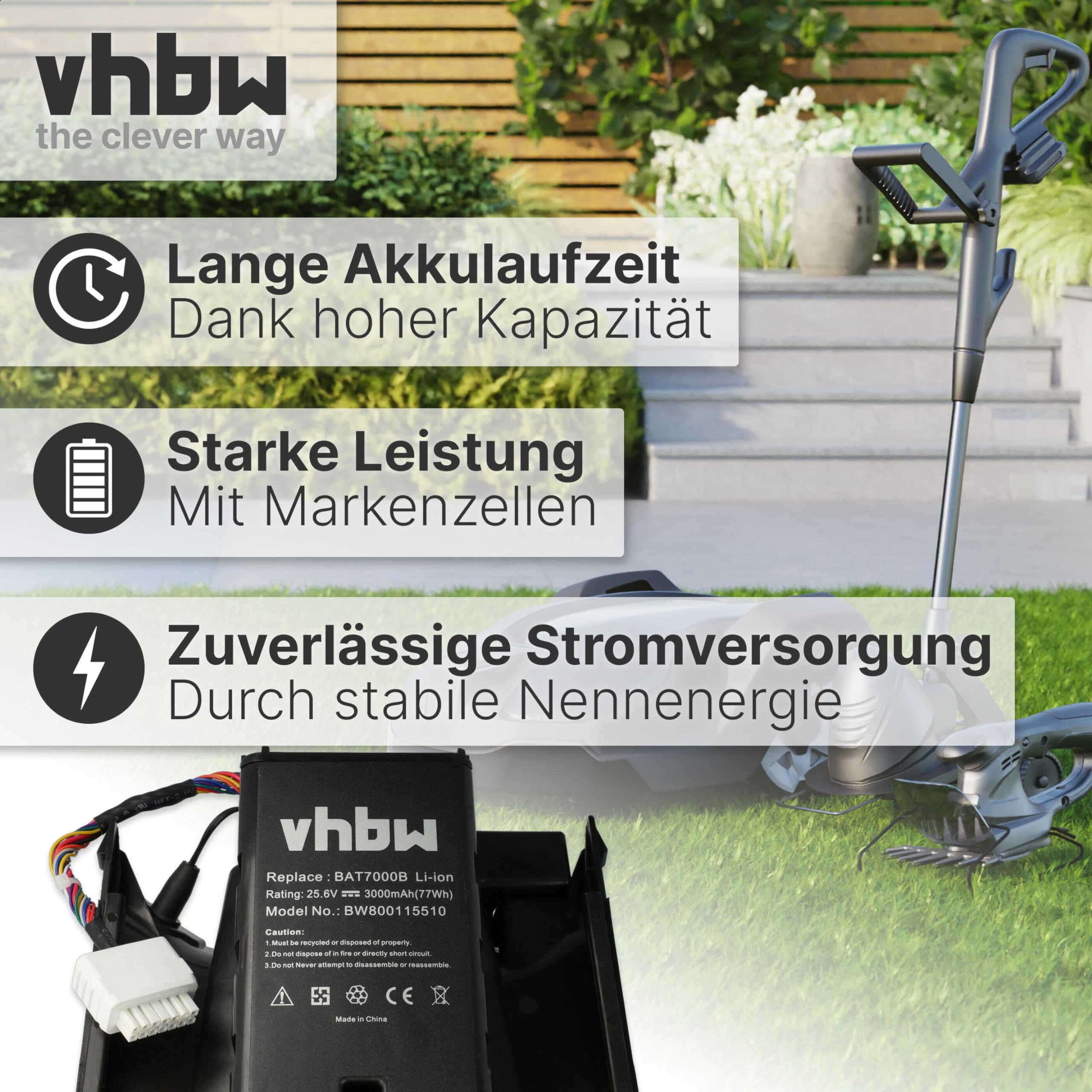 vhbw batteria compatibile con Robomow Premium RC302,RC304,RC304u,RC306, RC308, RC308u, RC312, RC312u sostituisce BAT7000B, MRK7005A (Li-Ion 3Ah 25.6V)