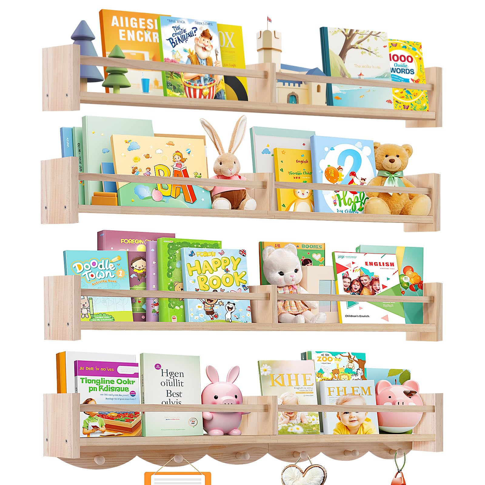 Photo 1 of Dixryaus 34Inch Nursery Book Shelves Wall Mounted, Floating Book Shelf for Kids Coat Rack with 6 Hooks, Wall Hanging Shelf for Baby Nursery Room Organizer ?Patent Number:US-D1058229-S(4, Burlywood)