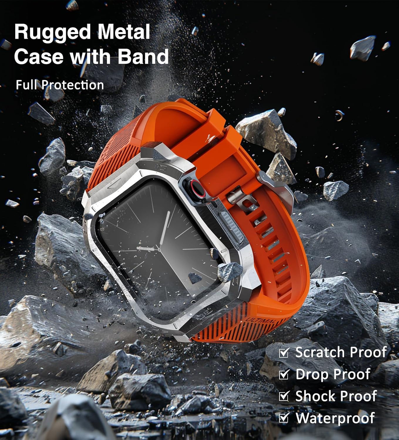 ULTIMAL Adjustable Band Compatible with Apple Watch 49mm/45mm/44mm, Rugged Sports Band with Heavy Duty Stainless Steel Bumper Case, Metal Band for Ultra 2/1 Series 4/5/6/7/8/9/SE/SE2 (For 44mm,