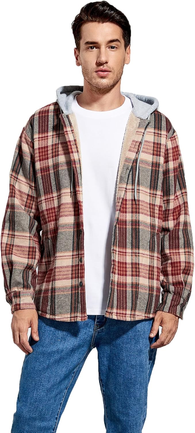 Men's Cotton Plaid Shirts Jacket Fleece Lined Flannel Shirts Sherpa Button Down Jackets with Hood for Men - Image 5