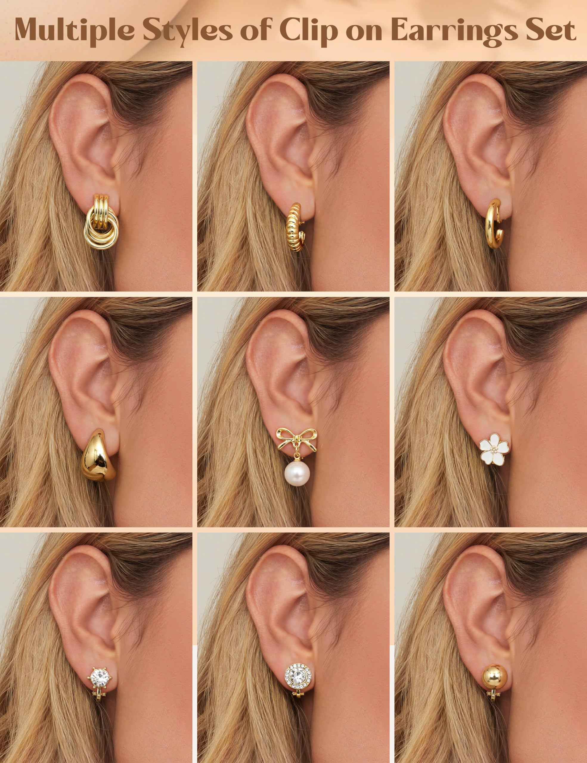 Orecchini a Clip per Donna Orecchini a Clip placcati Oro 14K Non forati CZ Perla Nodo Torsione Grosso Cerchio Orecchini a Clip Set Orecchini ipoallergenici Finti