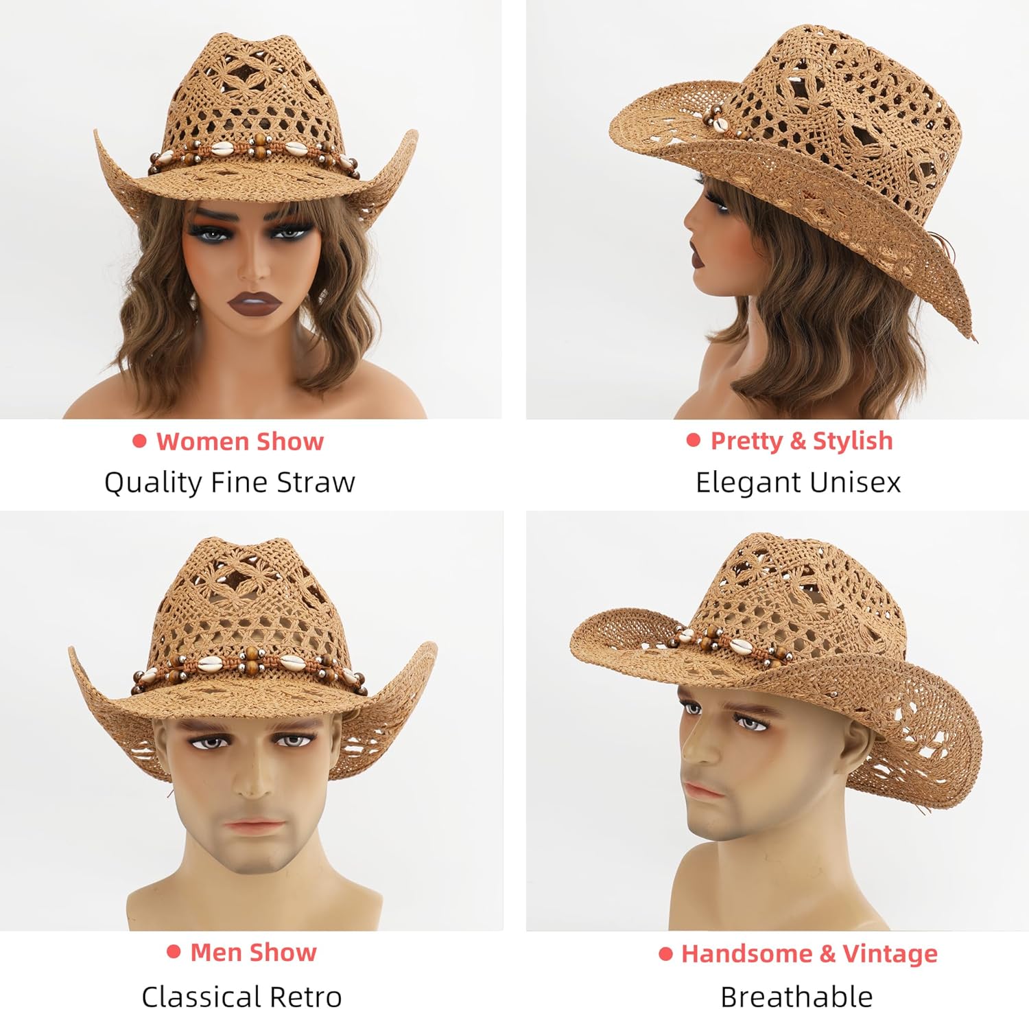 Straw Cowboy Hat, Western Cowgirl Hat, Wide Brim Sun Beach Hat for Men and Women - Image 6