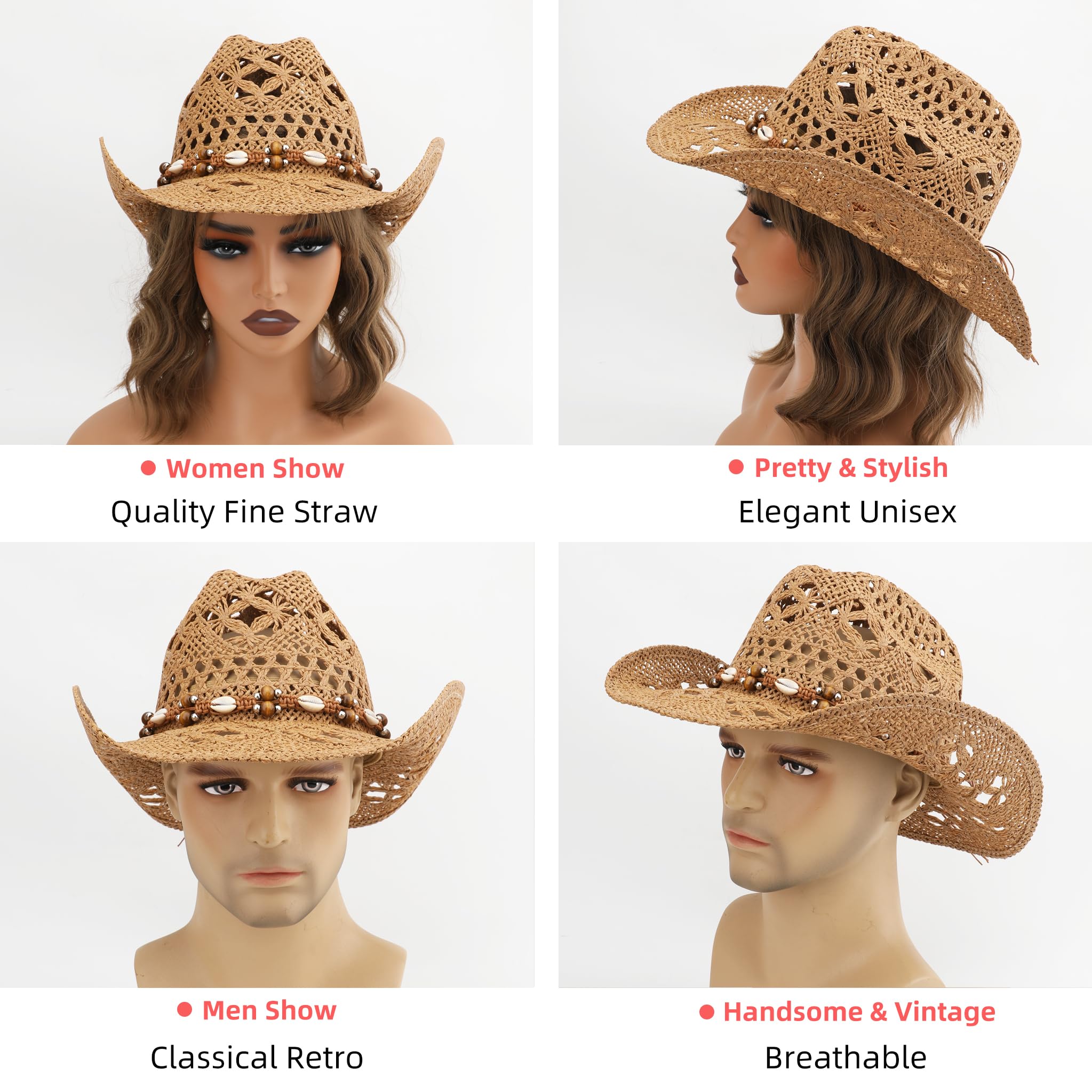 Straw Cowboy Hat, Western Cowgirl Hat, Wide Brim Sun Beach Hat for Men and Women