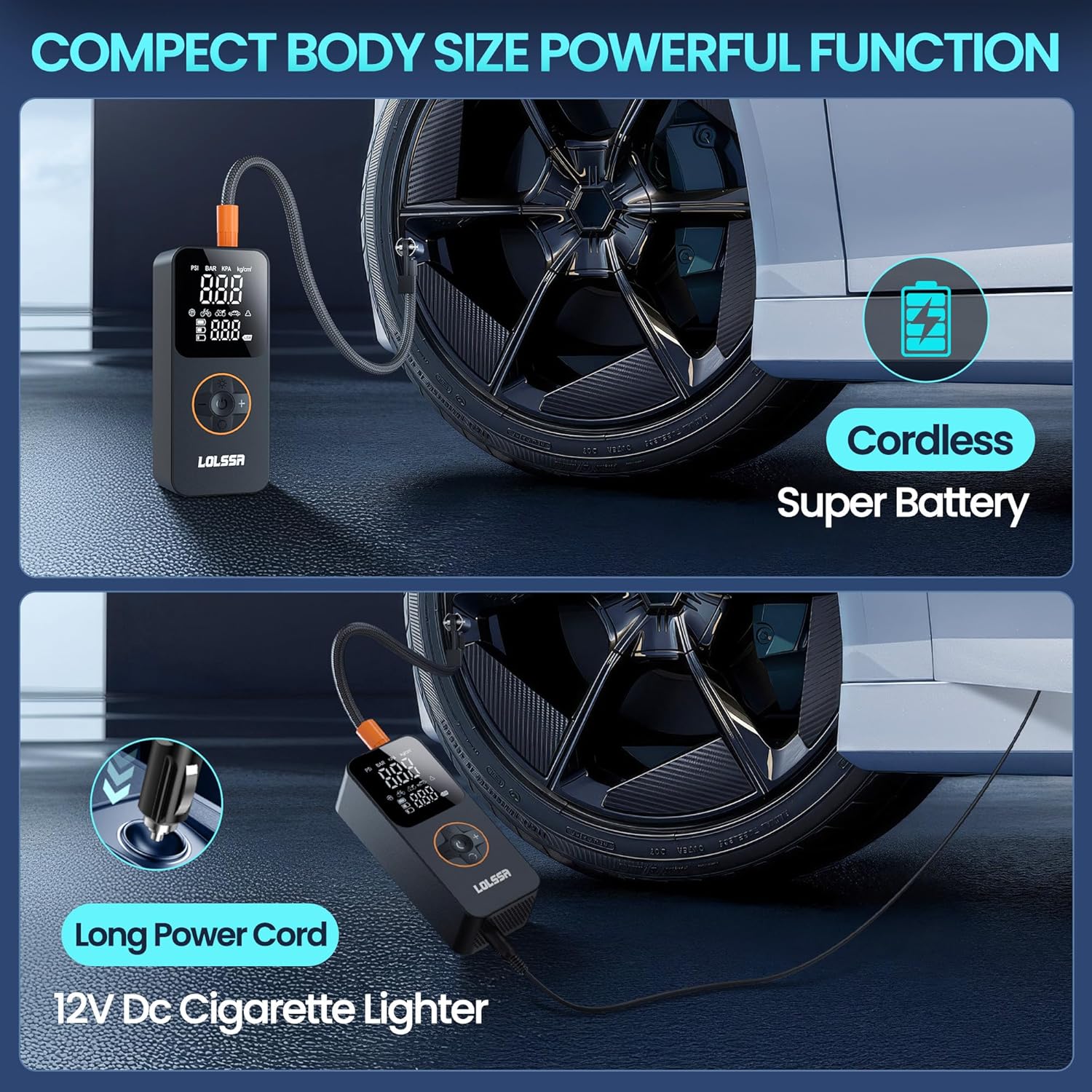 Tire Inflator Portable Air Compressor-Tire Pump 150PSI Cordless Electric for Car, Motorcycle, Bike, Ball, with Tire Gauge Pressure, Dual-Use Type(Dark) - Image 7