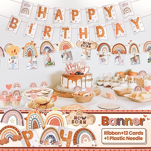Miniatura 7 de Miucat Decoraciones de primer cumpleaños para niña, decoraciones bohemias de primer cumpleaños de arco iris, pancarta de fotos mensual de bebé