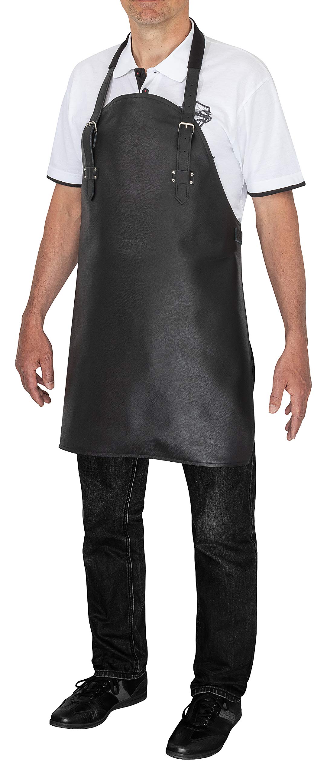 DESERMO Delantal de piel con cuello ajustable y banda abdominal | Delantal de piel de alta calidad de 100% piel auténtica | Delantal para barbacoa con forro en la parte trasera para mujeres y hombres,