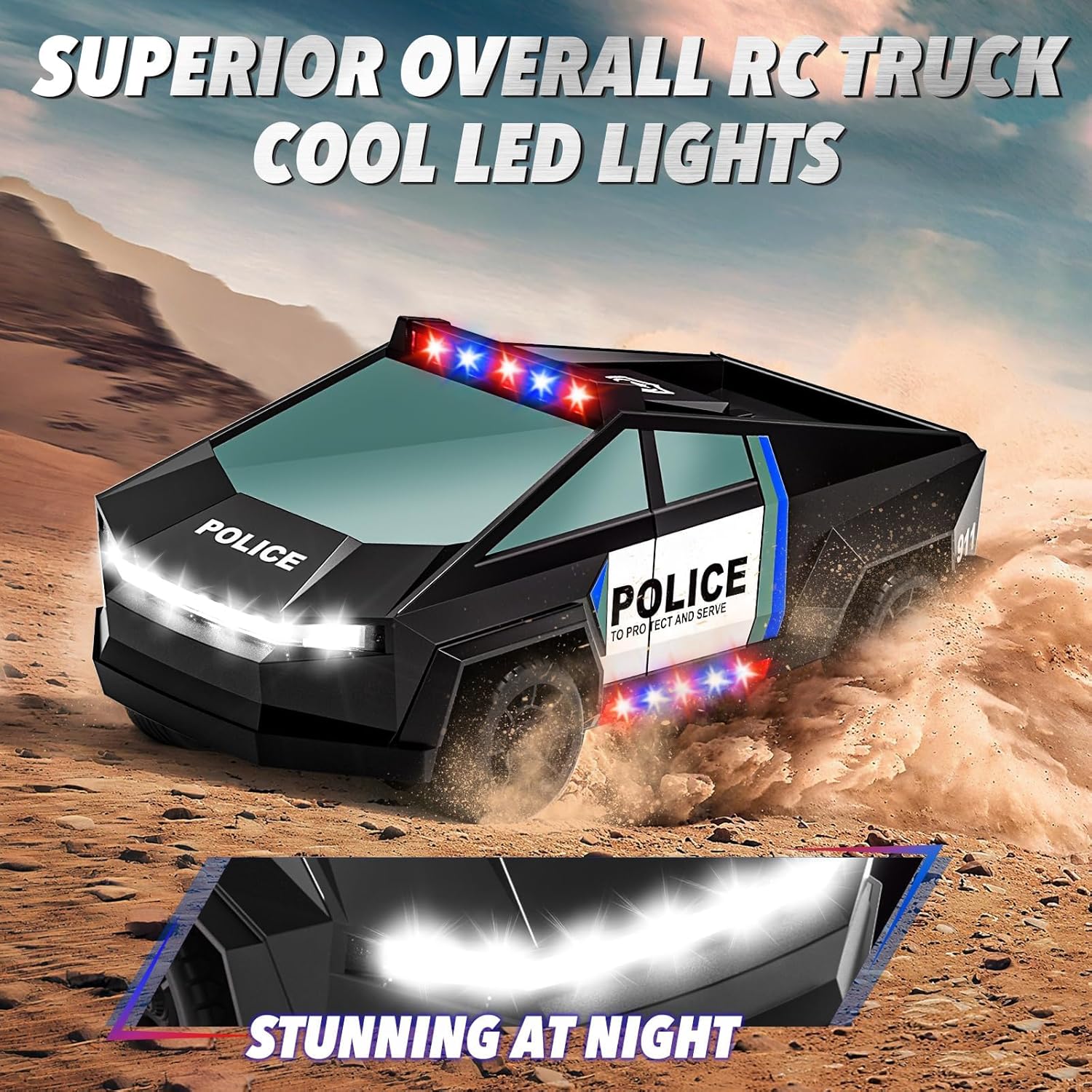 MACALOCA Remote Control Car Toys, 1:20 Police Theme RC Truck with Flashing LED Lights and Loadspace, 2.4 GHz Rechargeable Racing RC Cars Vehicle Toys for Kids Boys Girls 3 5 7 10, Summer