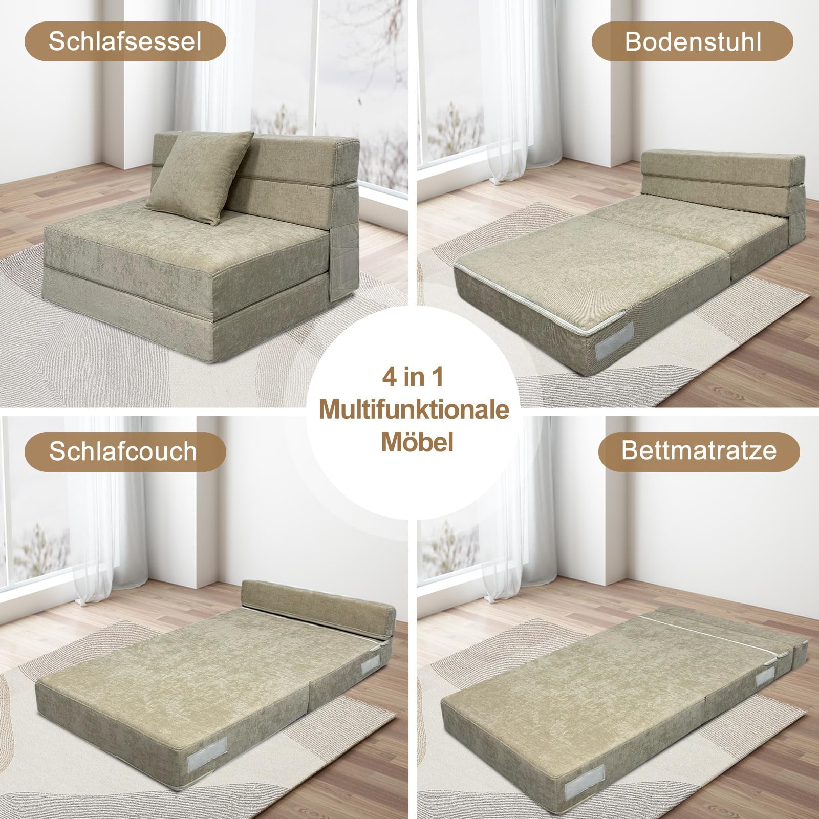ANONER 100 x 190 cm Schlafsessel klappbar, Gästesofa Klappbar 100 x 190 cm, Schlafsofa Klappsessel mit Memory Schaum & Kissen, Faltbares Tragbarer Stuhl für Wohnzimmer Lofts, Waschbar Set, Beige
