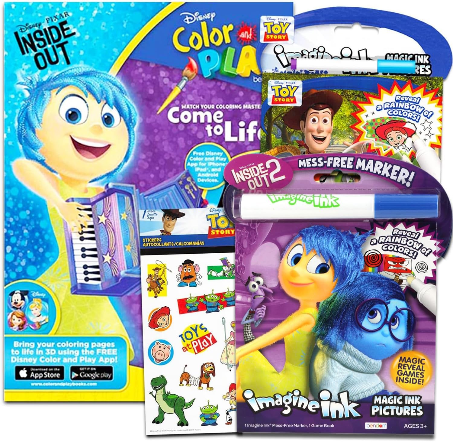 Disney Studio Invisible Ink Activity Book Set for kid toddler--3 Travel Activity Books Bundle Featuring Toy Story,Inside Out,Monsters Inc with Invisible Ink Pens and Over 100 Bonus sticker,5 pc Set