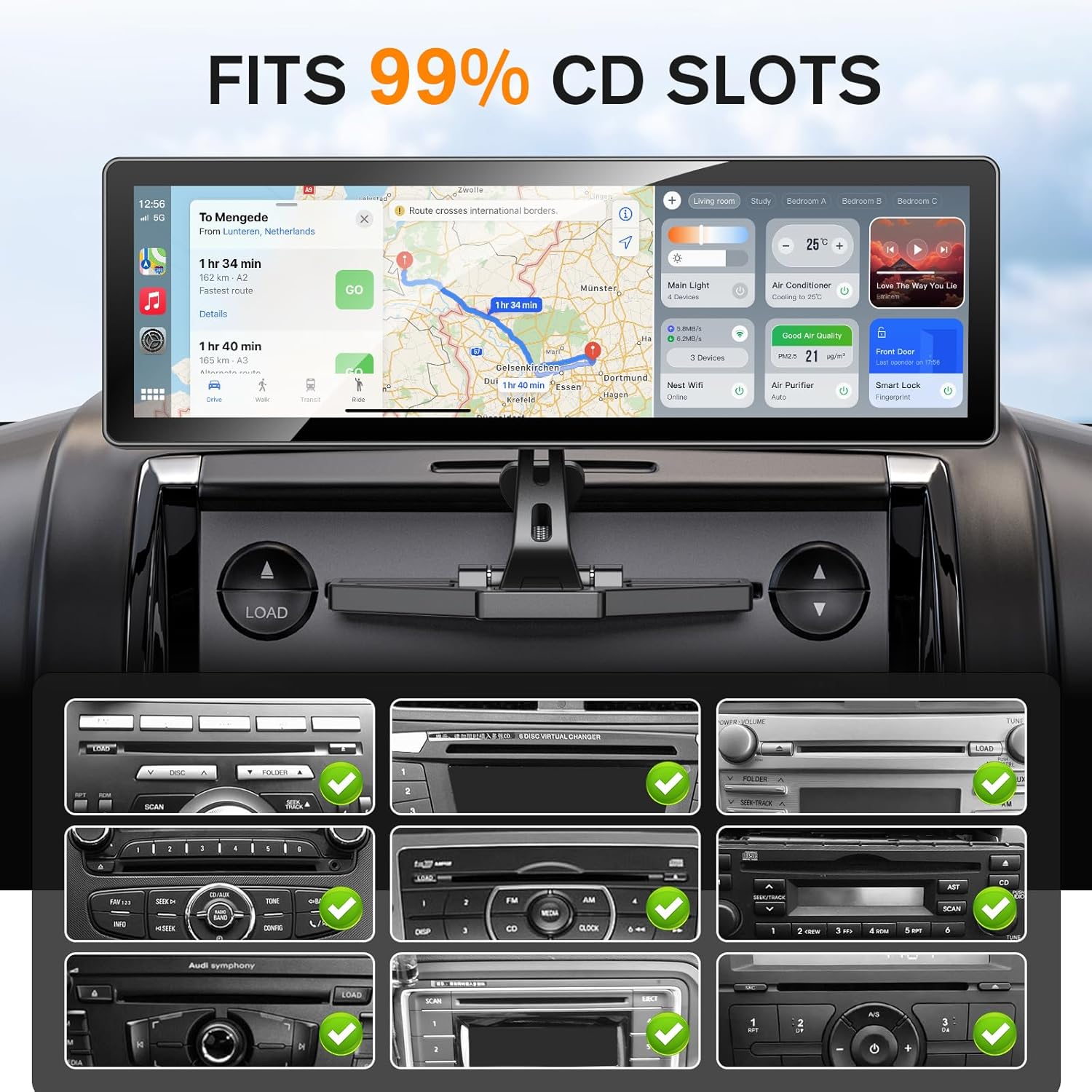 Extended Arm CD Slot CarPlay Screen Mount – Higher Viewing Position for Better Visibility, Extra Clearance for Various Dashboard Layouts, Compatible with 7"–10.26" CarPlay Displays