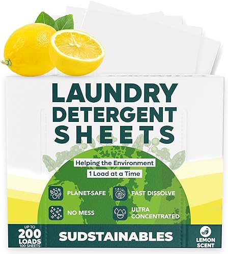 Hojas ecológicas de detergente para ropa (100 hojas, 200 cargas), tiras transparentes y libres a base de plantas para máquina HE, viajes, lavado de