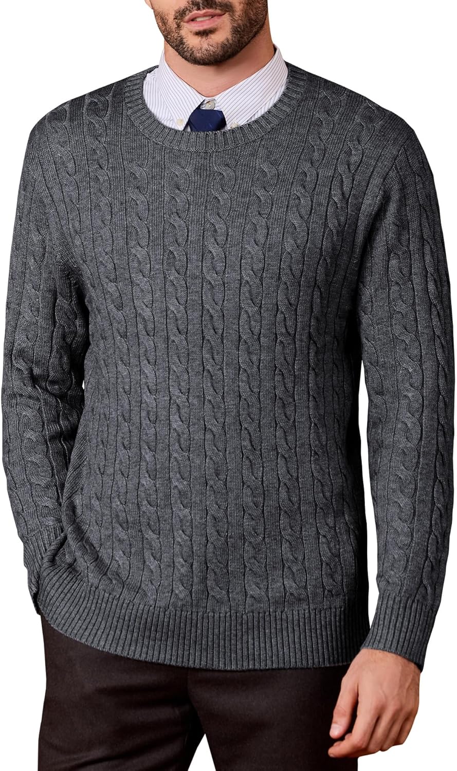 Kallspin Mens Crew Neck Sweater Wool Blend Cable Knit Pullover Top Long Sleeve Knitwear Casual Business Fall Winter Knitwear