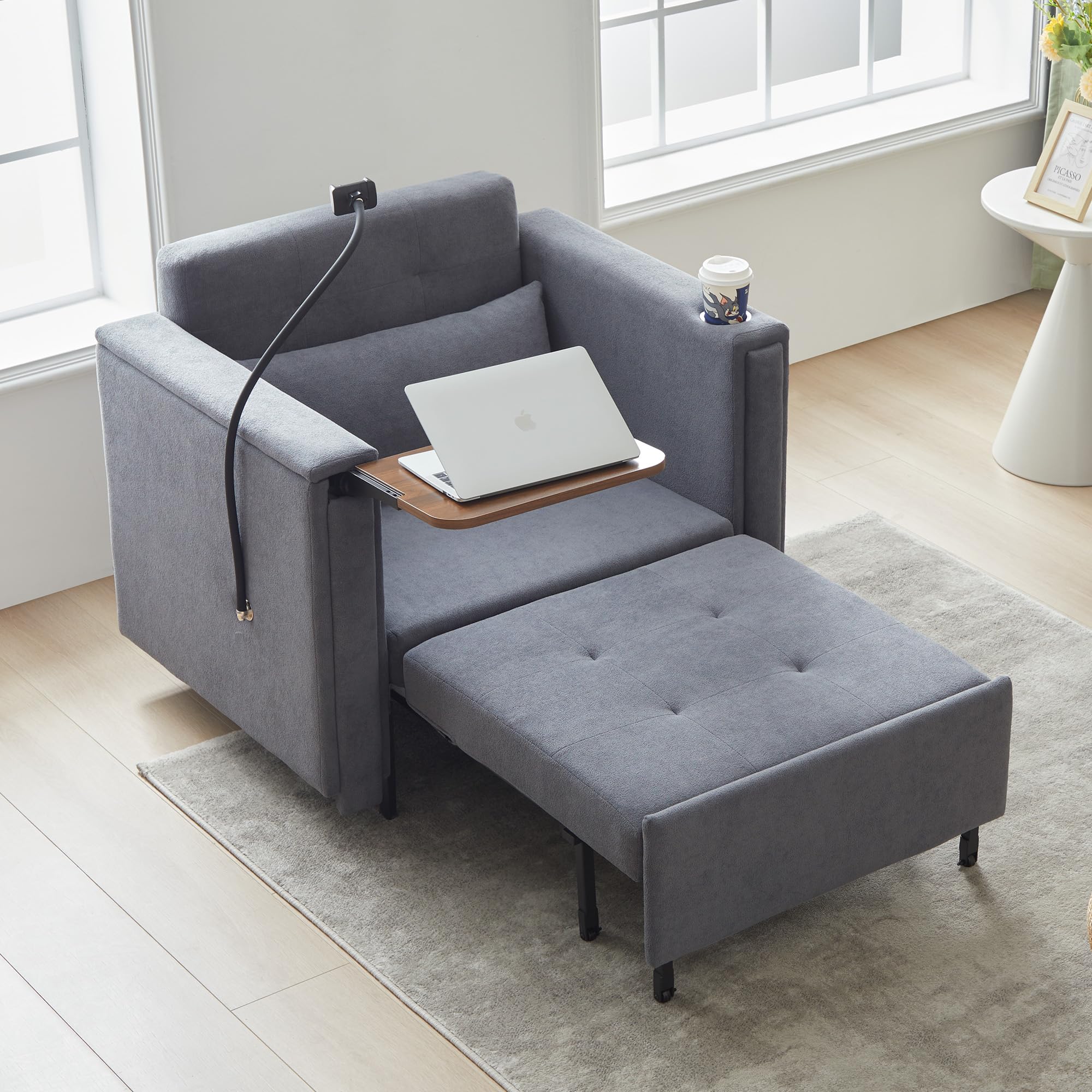 ORRD Pull Out Sofa Chair Bed, 2-in-1 Multi-Functional Sleeper Couch Small Loveseat Bed with Hidden Side Table, Phone Holder and Cup Holder for Living