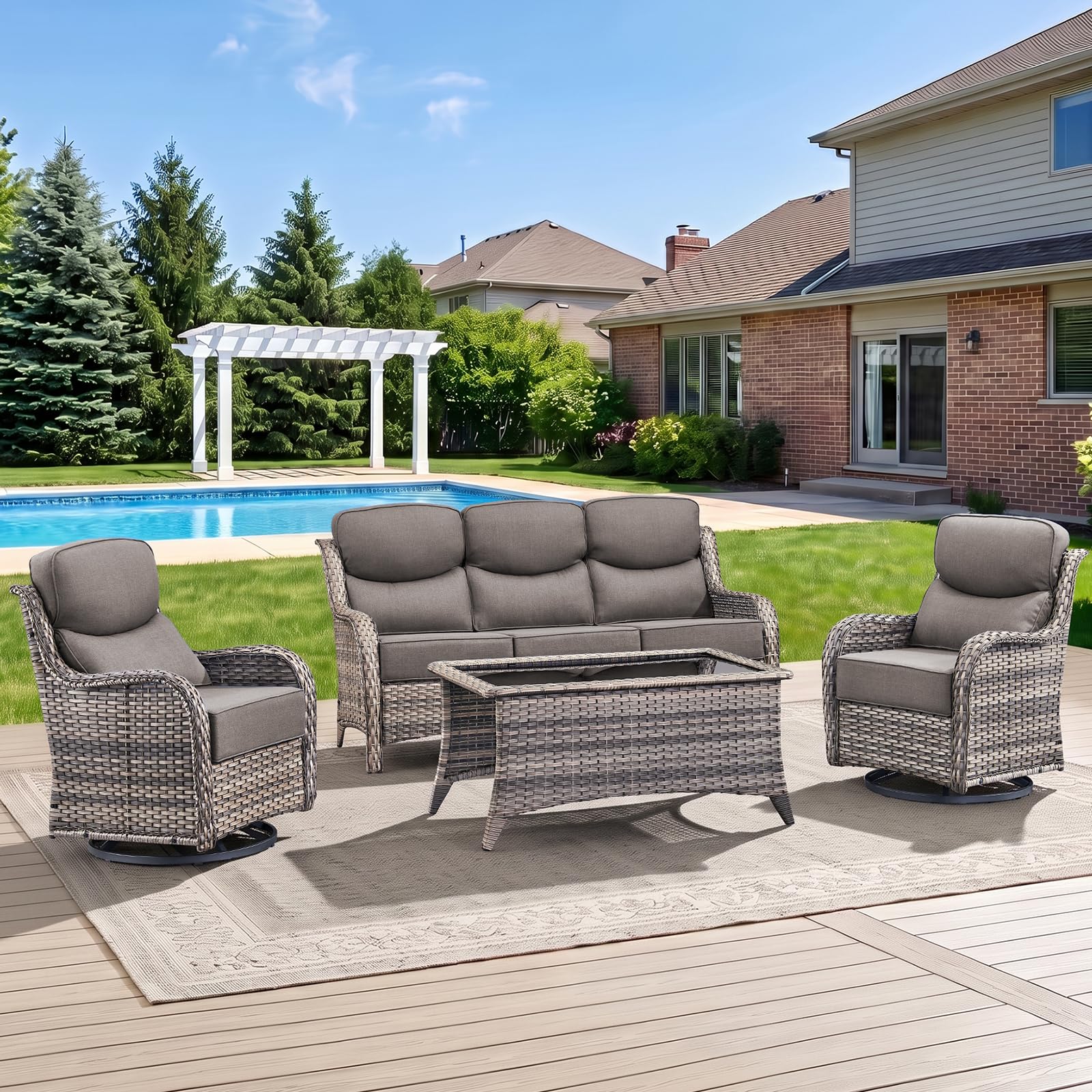 Swivel Patio Chairs sofa Set of 4 with 6" Thick Cushion - Wicker Outdoor Swivel Rocker Patio Chair ,Sofa/Glass coffee table, High Back Comfortable Outdoor Glider Chairs - Grey Wicker | Grey Cushions