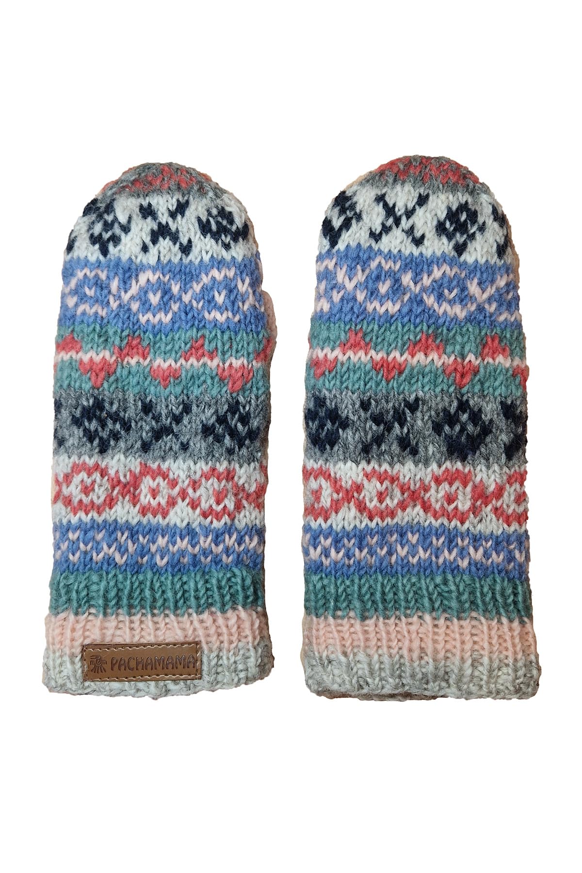 Pachamama Women Wool Mittens Fleece Lined Handknitted Fairisle Multicoloured One-Size Handmade Extra Warm Fair Trade (Wool, Oatmeal)
