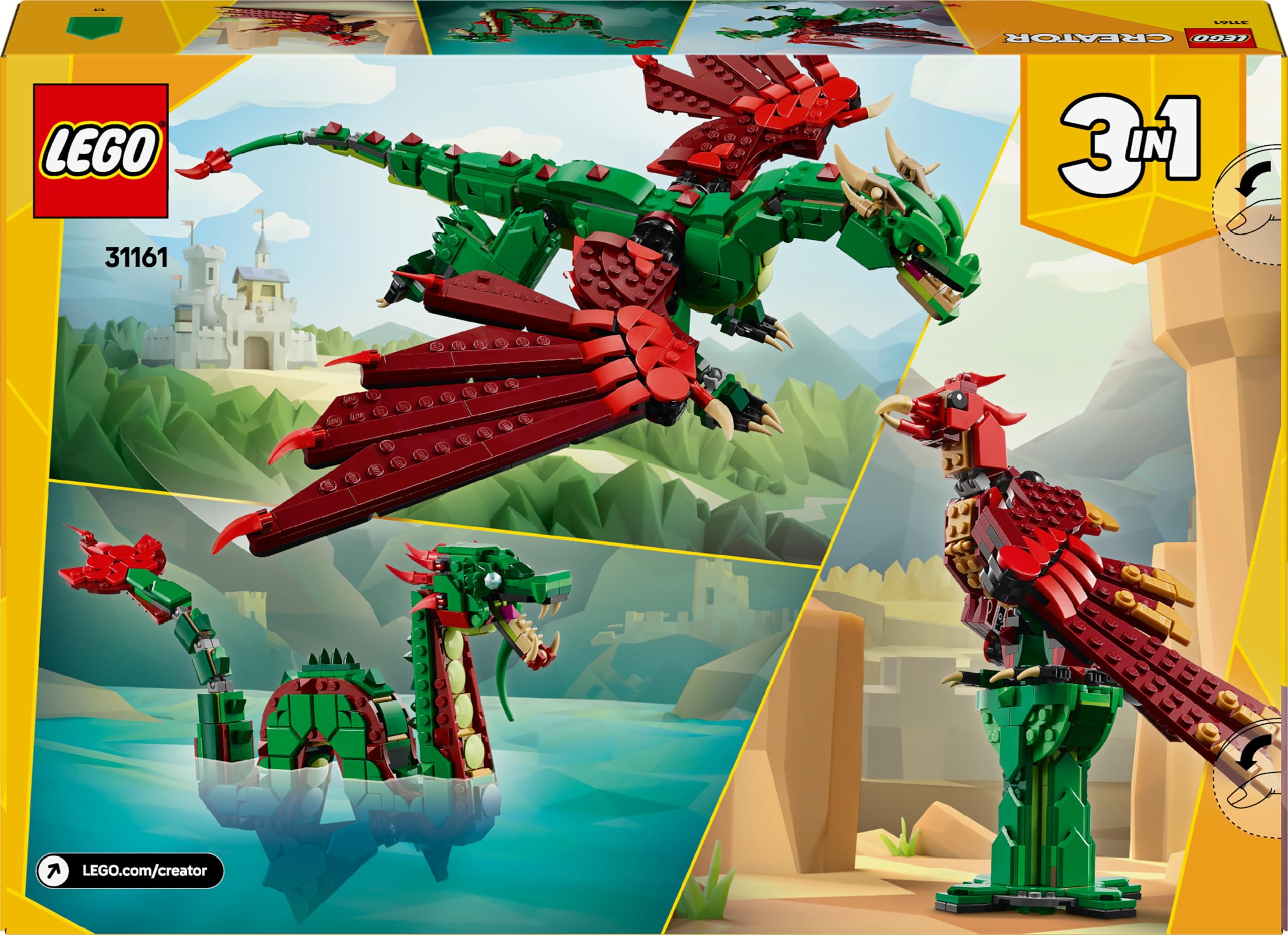 LEGO Creator 3 en 1 Dragón Medieval Transformable en Ave Fénix o Serpiente Marina, Animales de Juguete, Figuras Articuladas, Regalo de Cumpleaños para Niños y Niñas de 9 Años o Más 31161