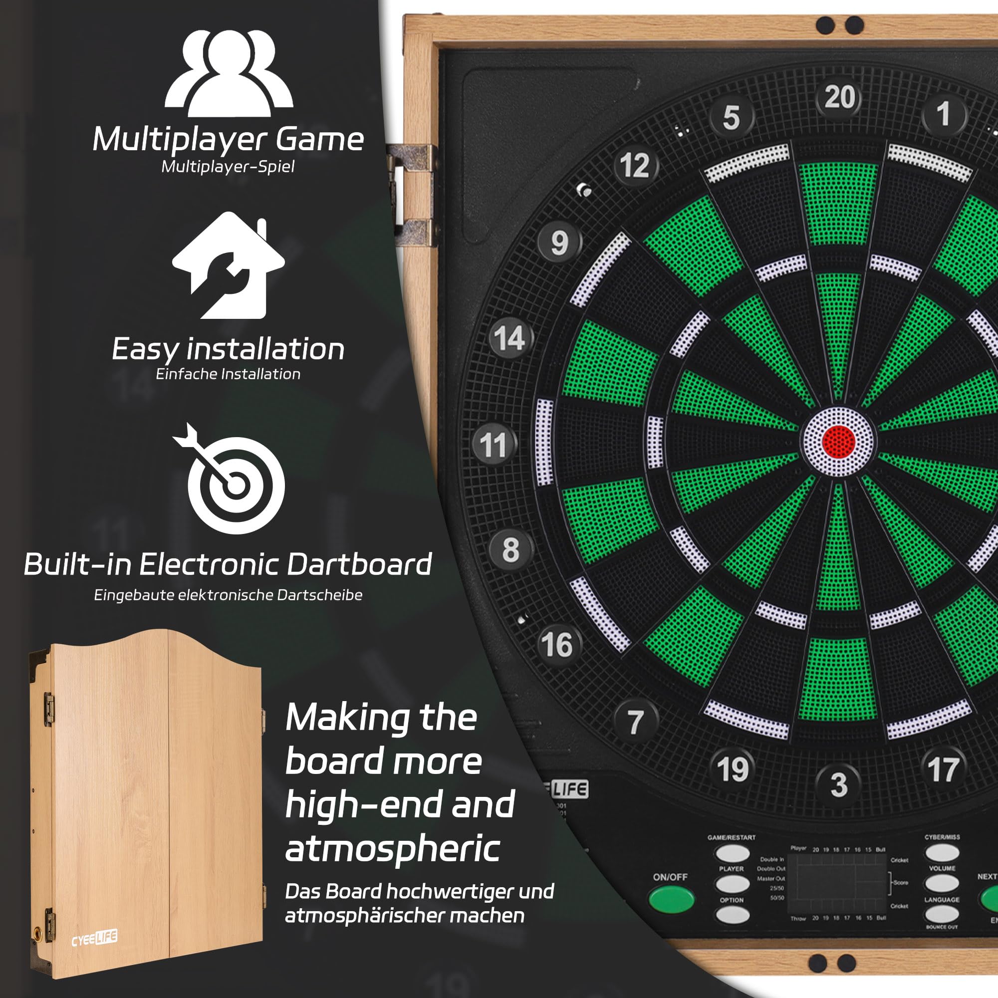 CyeeLife Bersaglio Elettronico per Freccette con Antine, Tavolo da Freccette con Computer, 12 Freccette Soft, 34 Giochi & 355 Varianti, 8 Giocatori