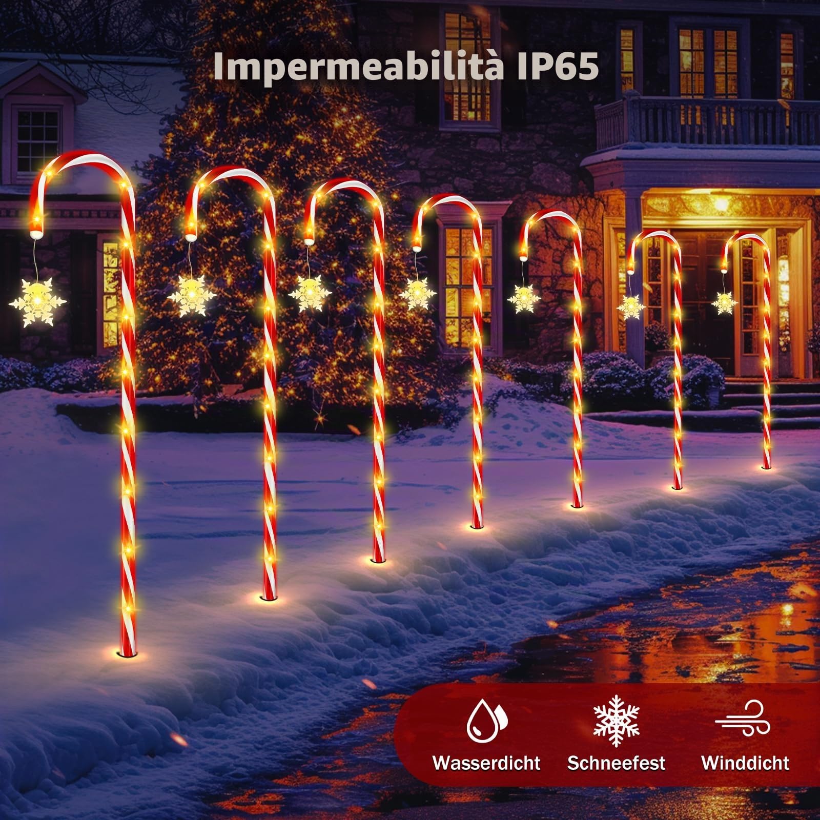 HELESIN Catena luminosa con bastoncini di zucchero, 10 pezzi, design rialzato, bastoncini di zucchero a LED, per esterni, 110 LED, 12 modalità, bastoncini di zucchero illuminati, impermeabili, fiocchi