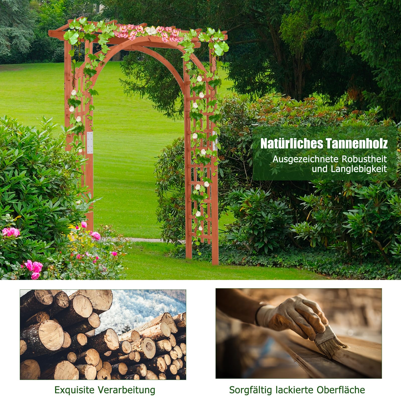 GOPLUS Rosenbogen Holz, Gartenbogen Pergola mit Rankhilfe für Kletterpflanzen, Torbogen Holzbogen Rankgitter Hochzeitsbogen Rankbogen für Hochzeit & Party, 160 x 60 x 215 cm, Natur