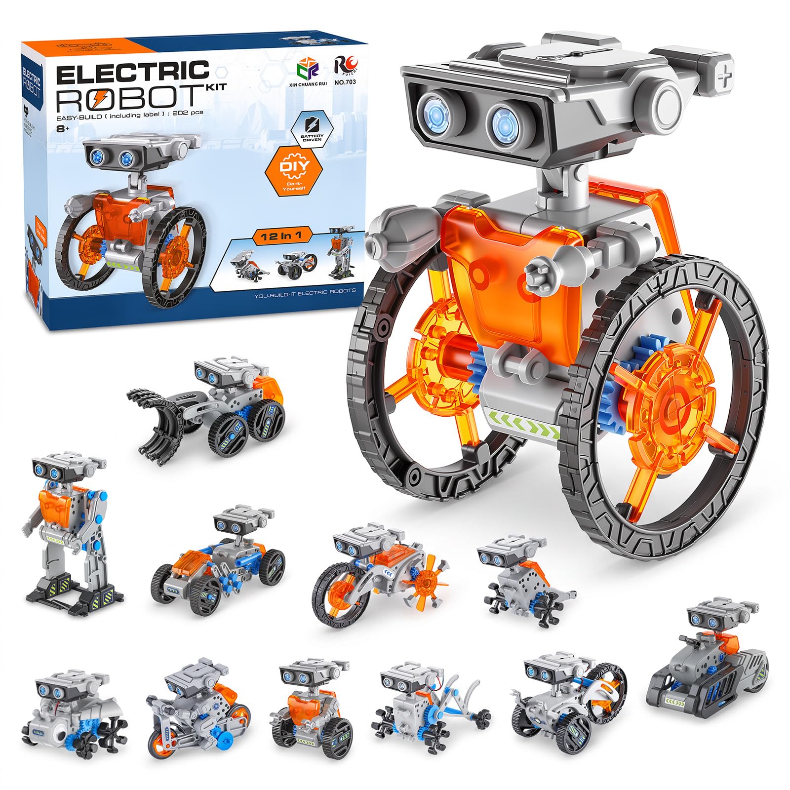 12-in-1 STEM Electric Robot Toy,Engineering & Building Kit for Kid Age 8-12