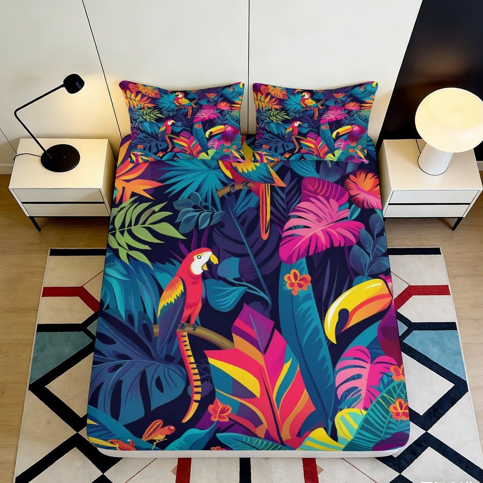 3D Printed Tropical Parrot Fitted Sheet Microfiber Colorful Jungle Leaves Mattress Cover for Bedroom Guest Room Decor 90x200x25cm
