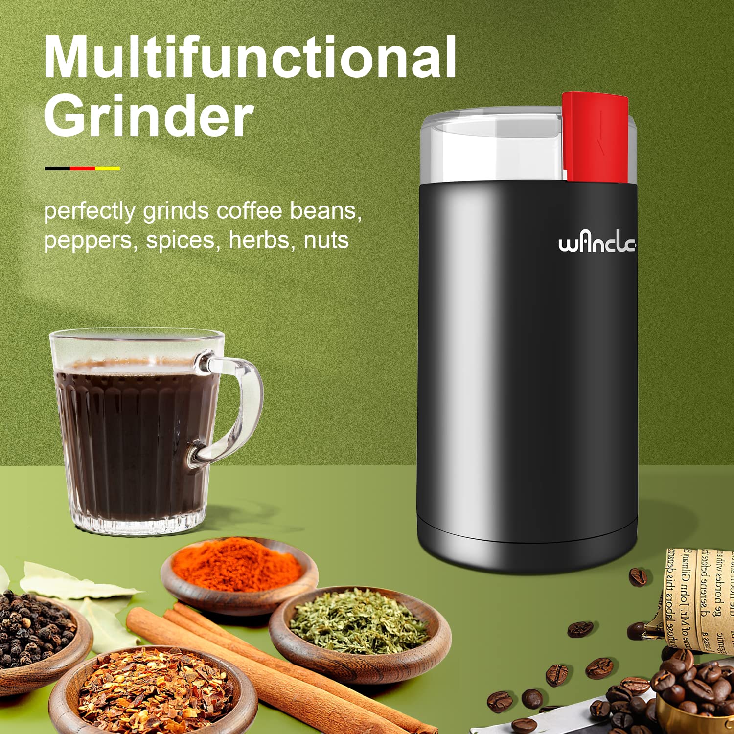 Macina Caffè, Wancle Macina Caffe elettrico, Macinatore di spezie silenzioso, mulino da caffè one touch, utilizzato per fagioli, spezie, ecc., con spazzola pulita (Nero+Rosso)
