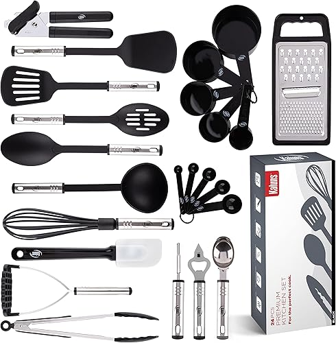 Juego de utensilios de cocina, utensilios de cocina, ollas y sartenes, antiadherentes y resistentes al calor, 24 piezas de nailon y acero