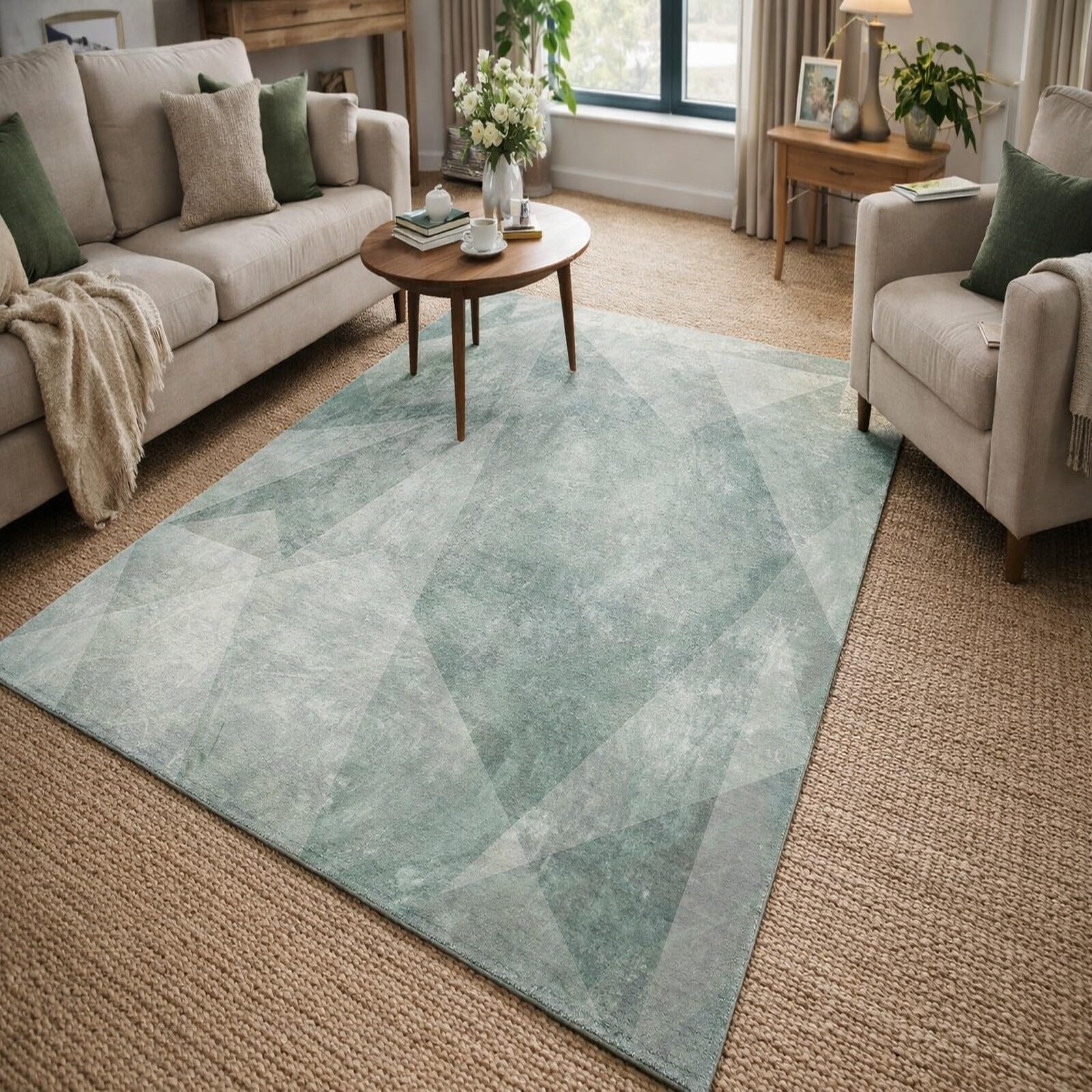 Tapis vert et gris géométrique pour salon moderne et sous table cuisine