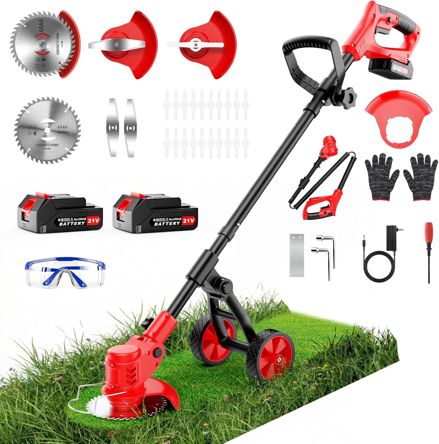 Cordless Weed Wacker 8 Inch, 21V Electric Weed Trimmer with Wheels & 3 Types Blades, 2×2000mAh Battery Powered String Trimmer Edger for Garden Yard Lawn Care