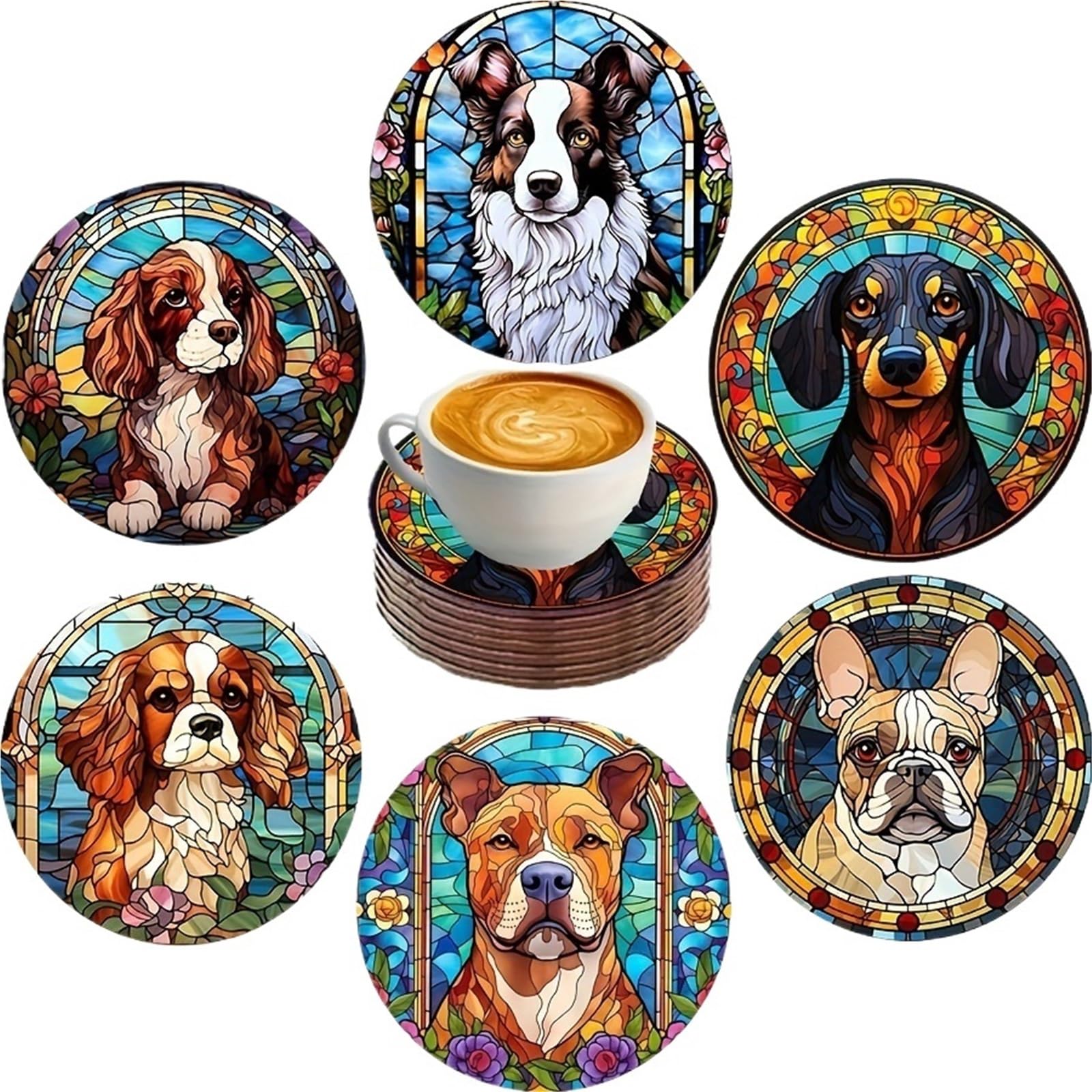 Wooden Round Coasters 6Pcs 2D Painted Dog Pattern Cute Wooden Coasters