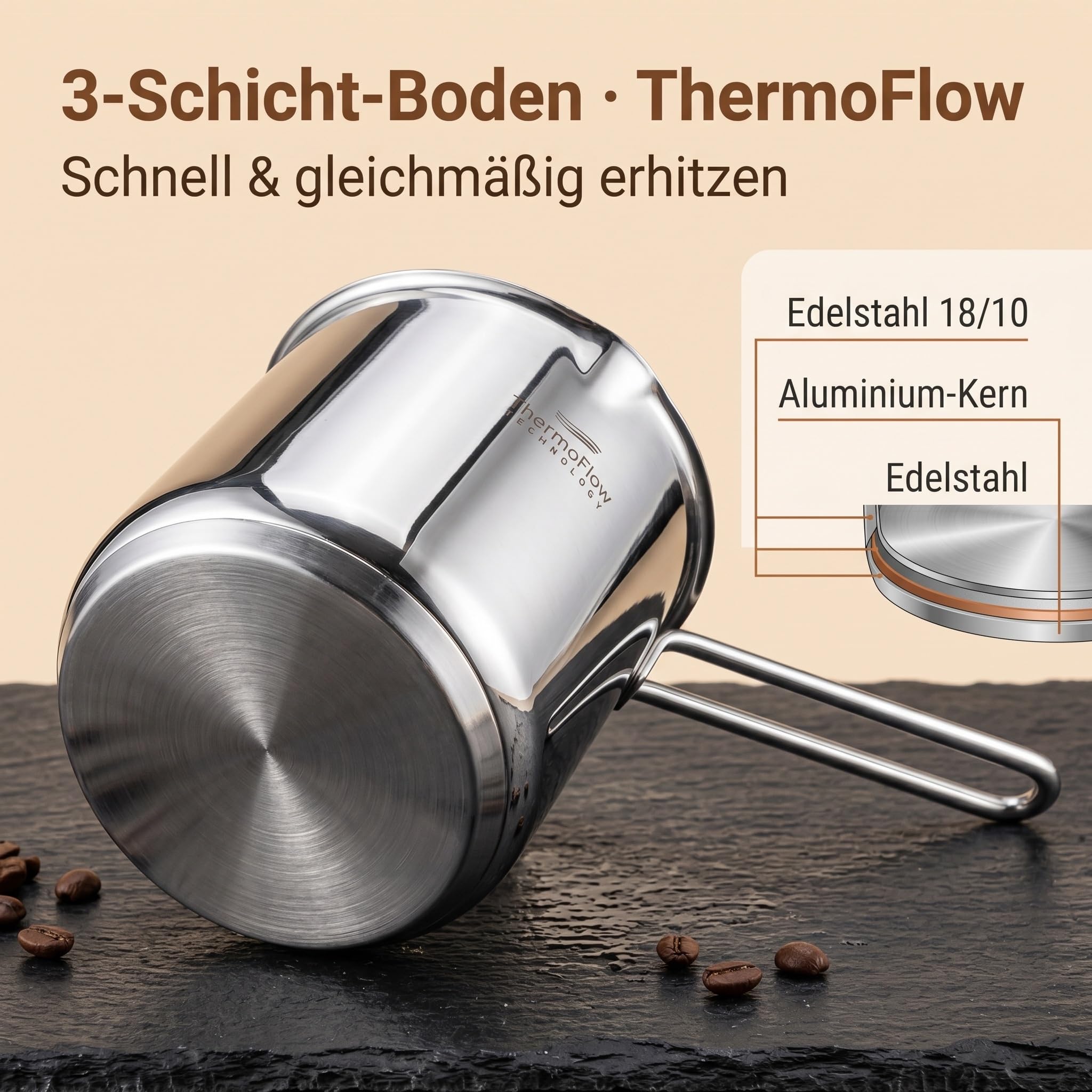 ROSMARINO Teiera per moka a induzione, in acciaio inox, 1225 ml, modello 2025, moderna caffettiera turca Cezve con fondo in acciaio a 3 strati (1225 ml)