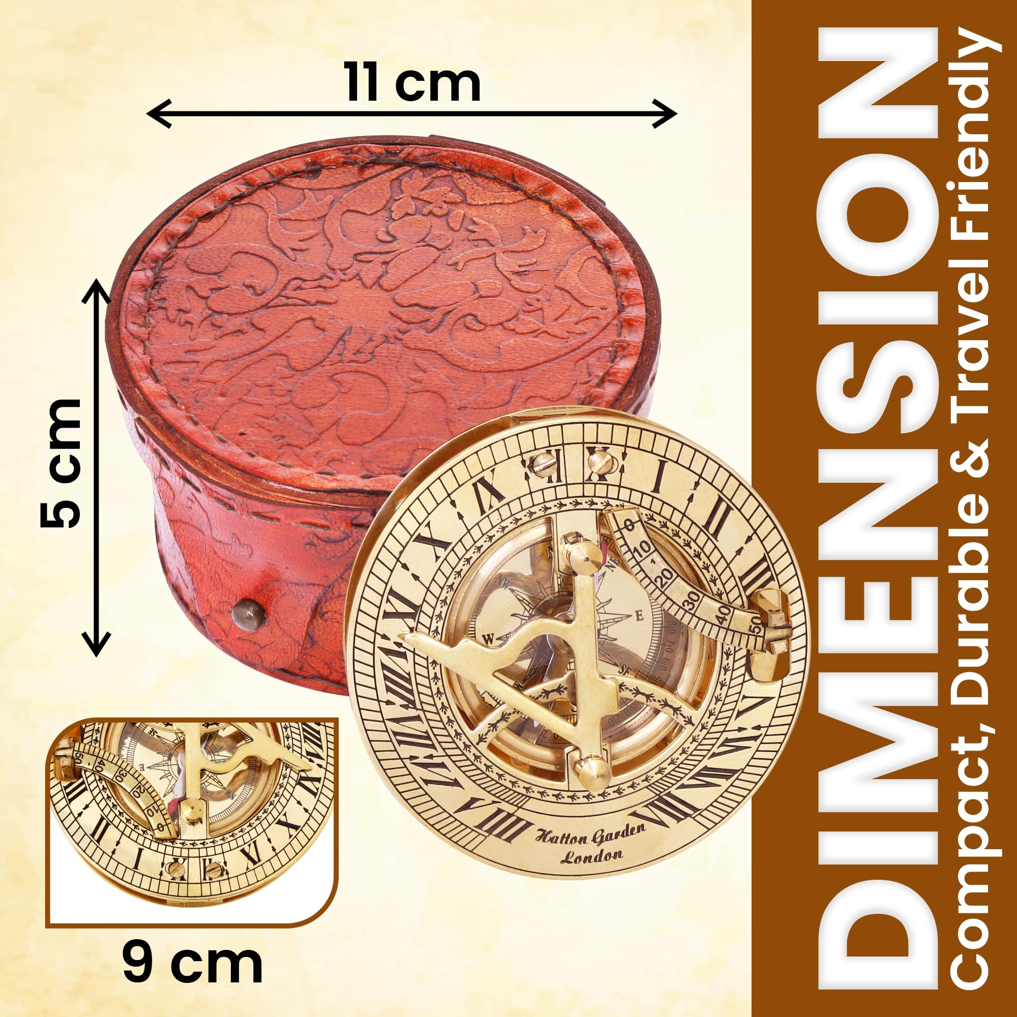 Brújula de latón de alta calidad, instrumento de navegación retro vintage, regalo dorado náutico, viene en una exquisita caja de cuero de grano superior con detalles intrincados, reloj de sol