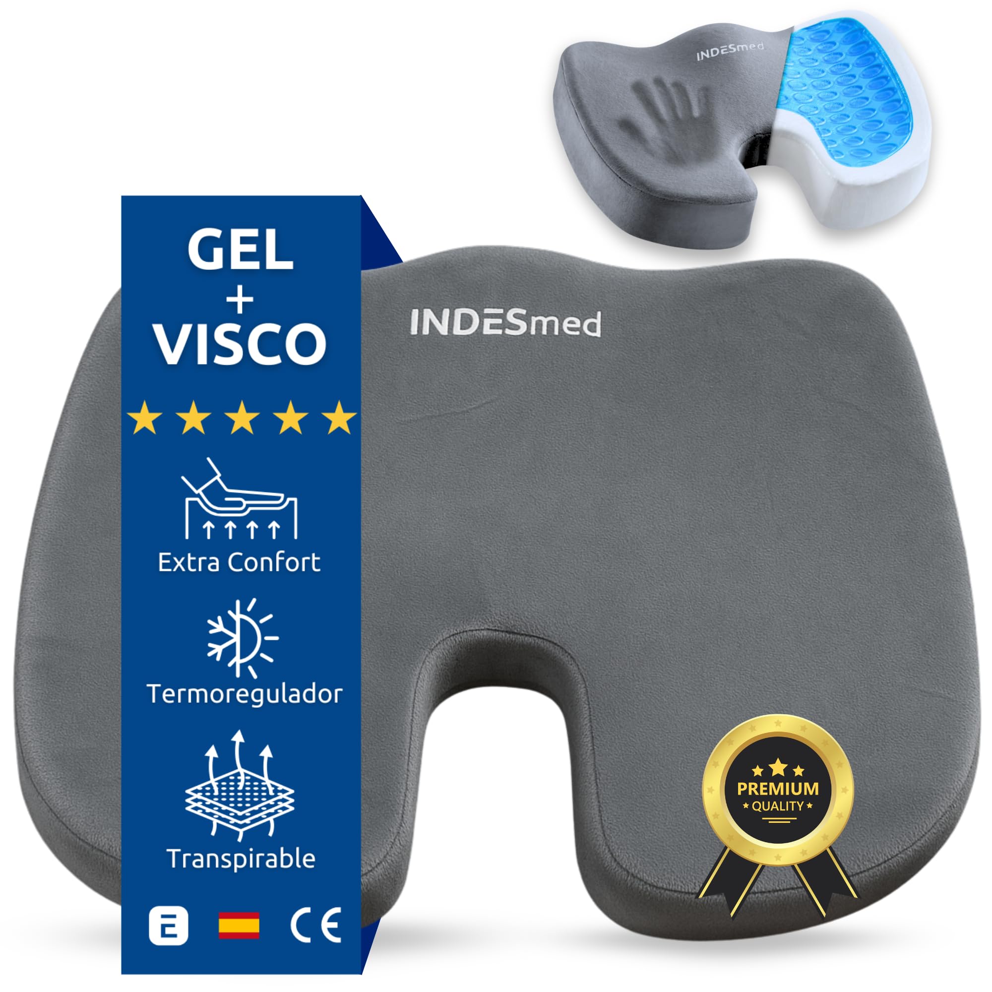INDESMED Cojín Antiescaras Gel + Viscoelástico de Alta Densidad Premium Memory Foam | Funda Terciopelo Lavable con Antideslizante-Ergonómico, para Oficina, Hogar, Silla de Ruedas, Coche | 45x35x7cm