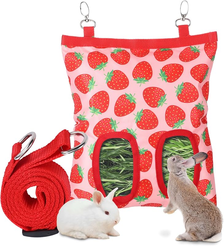 Rabbit Hay Feeder, 2 Hole Washable Hanging Hay Bag for Guinea Pig | Hay Holder for Guinea Pigs Rabbits Chinchilla Hamster Bunny Small Pets and Animal, Strawberry Pattern, 11x9.8inch